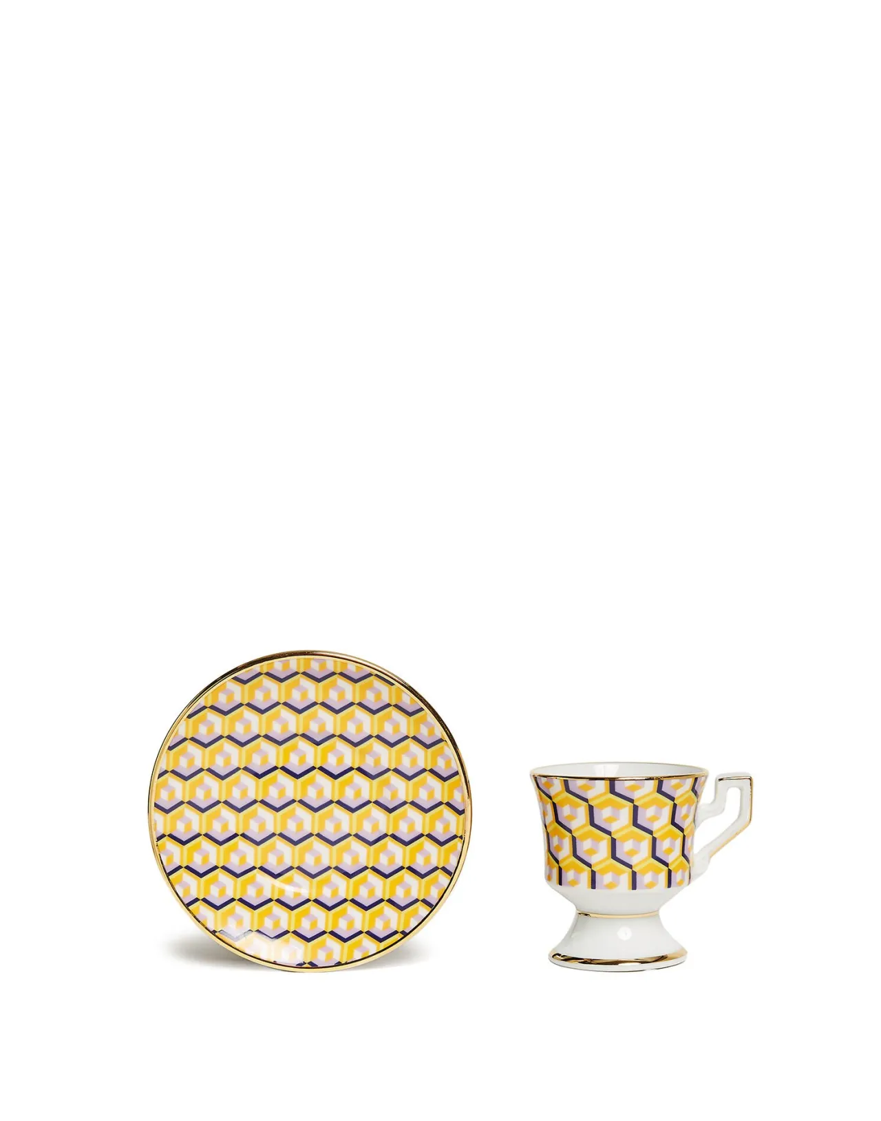 Coppia Elegante Tazzine da Caffè con Piattini - Collezione Cubi Gialli La DoubleJ in Pregiata Porcellana, Set Completo per Bevande Calde