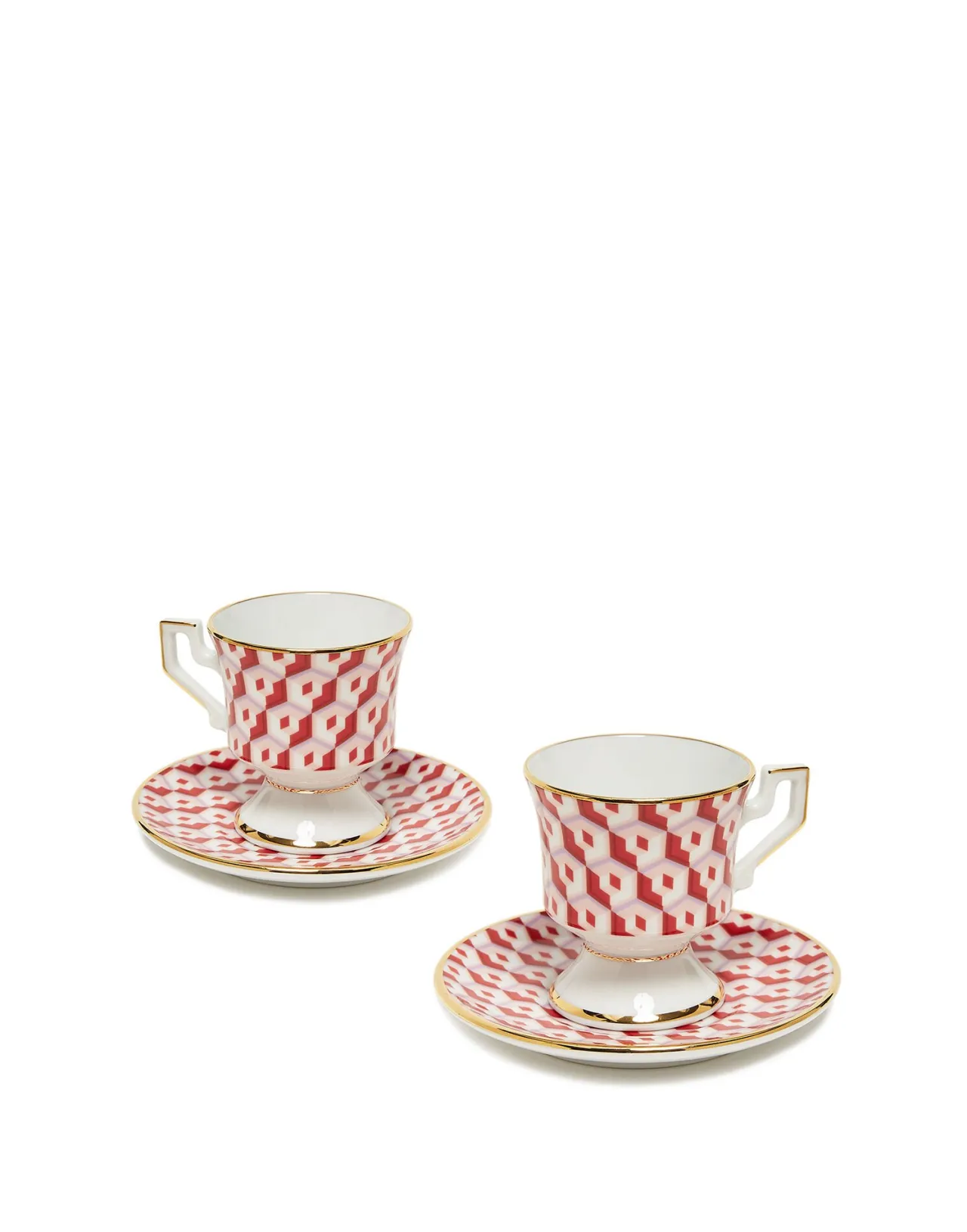 Coppia Elegante Tazze Espresso con Piattino - Design Cubico Rosso in Porcellana Pregiata | La DoubleJ | Offerta Lampo Esclusiva