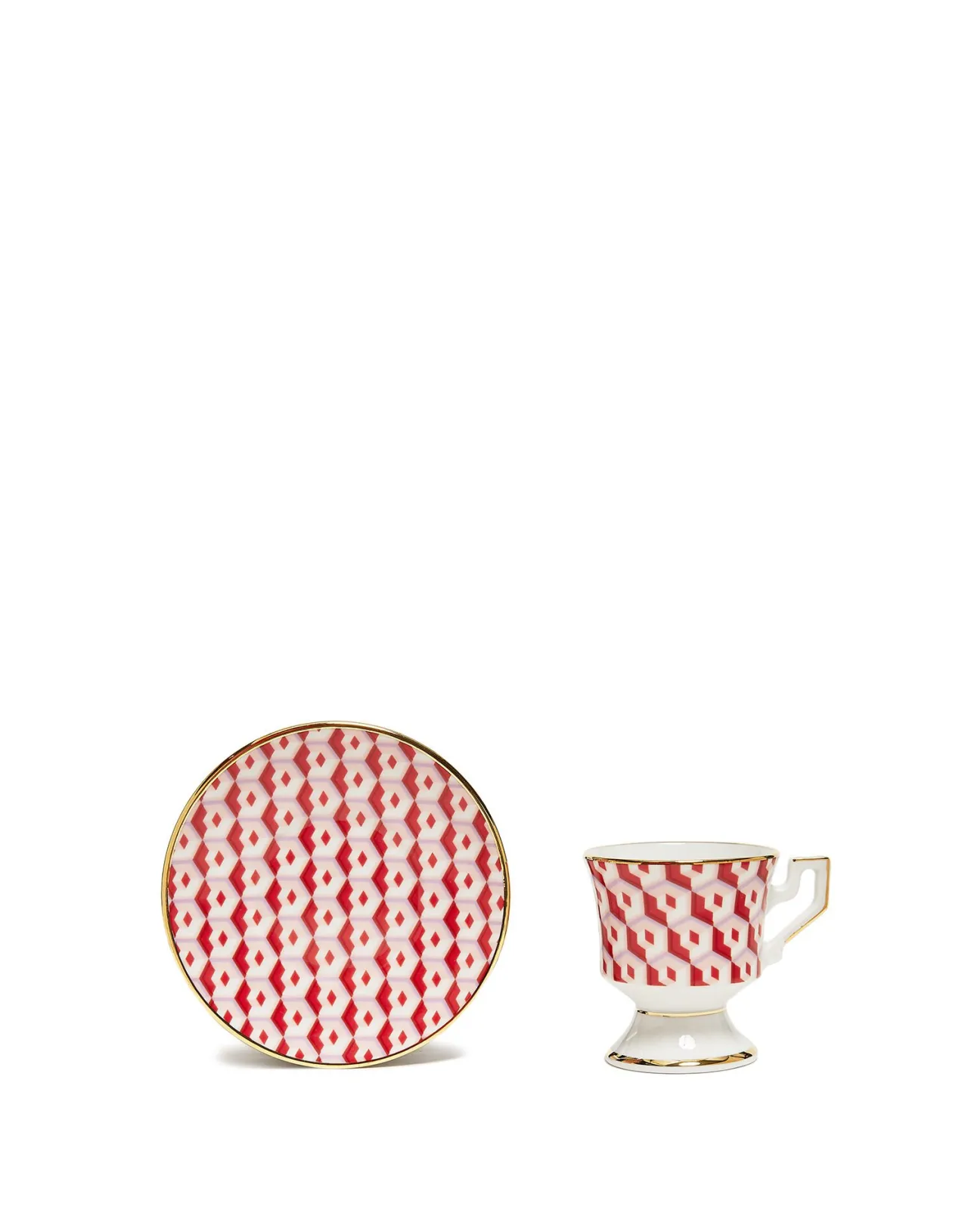 Coppia Elegante Tazze Espresso con Piattino - Design Cubico Rosso in Porcellana Pregiata | La DoubleJ | Offerta Lampo Esclusiva