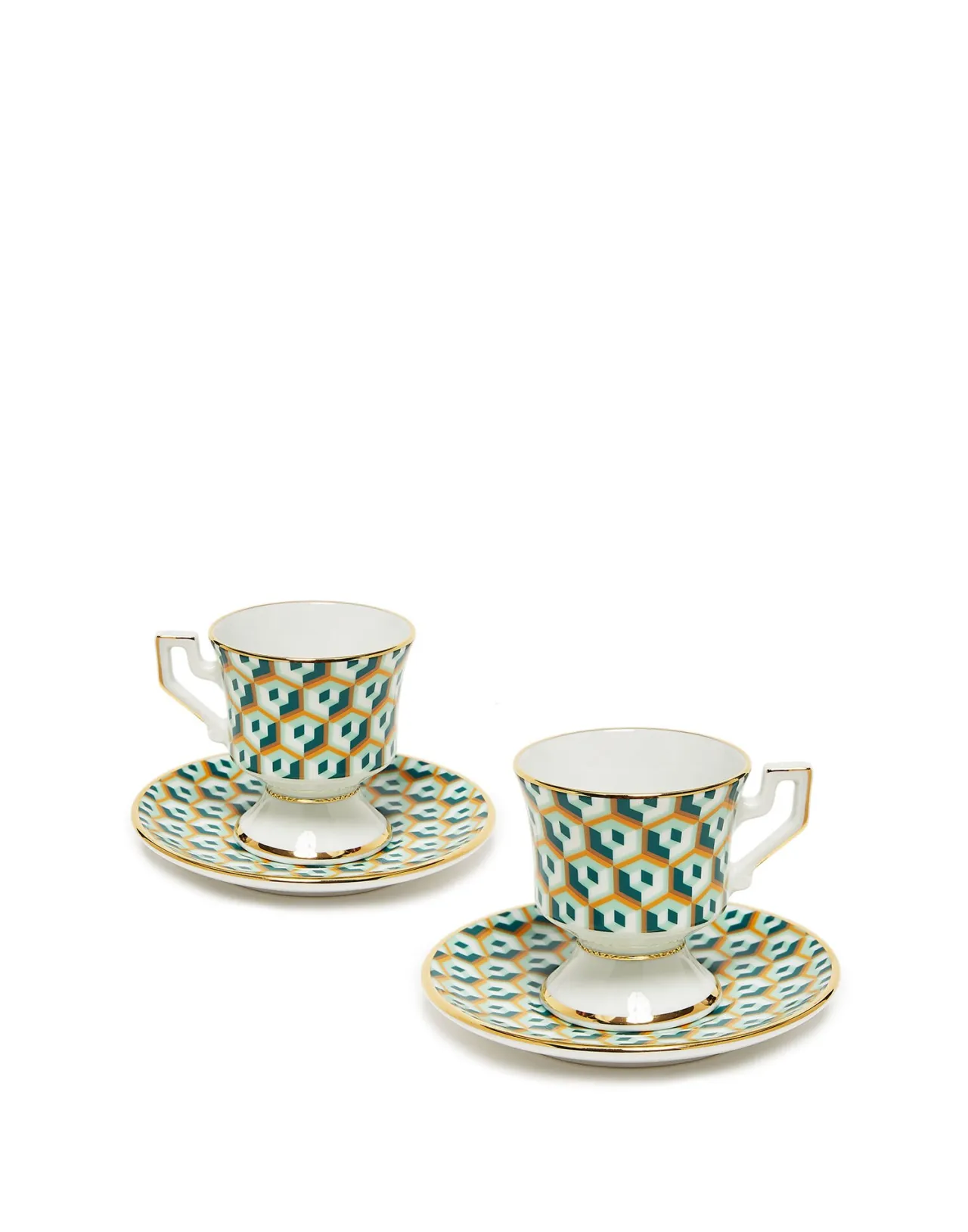 La DoubleJ Collection Esclusiva: Coppia Tazzine da Espresso con Piattini in Porcellana - Design Cubi Verde, Elegante Set per Caffè