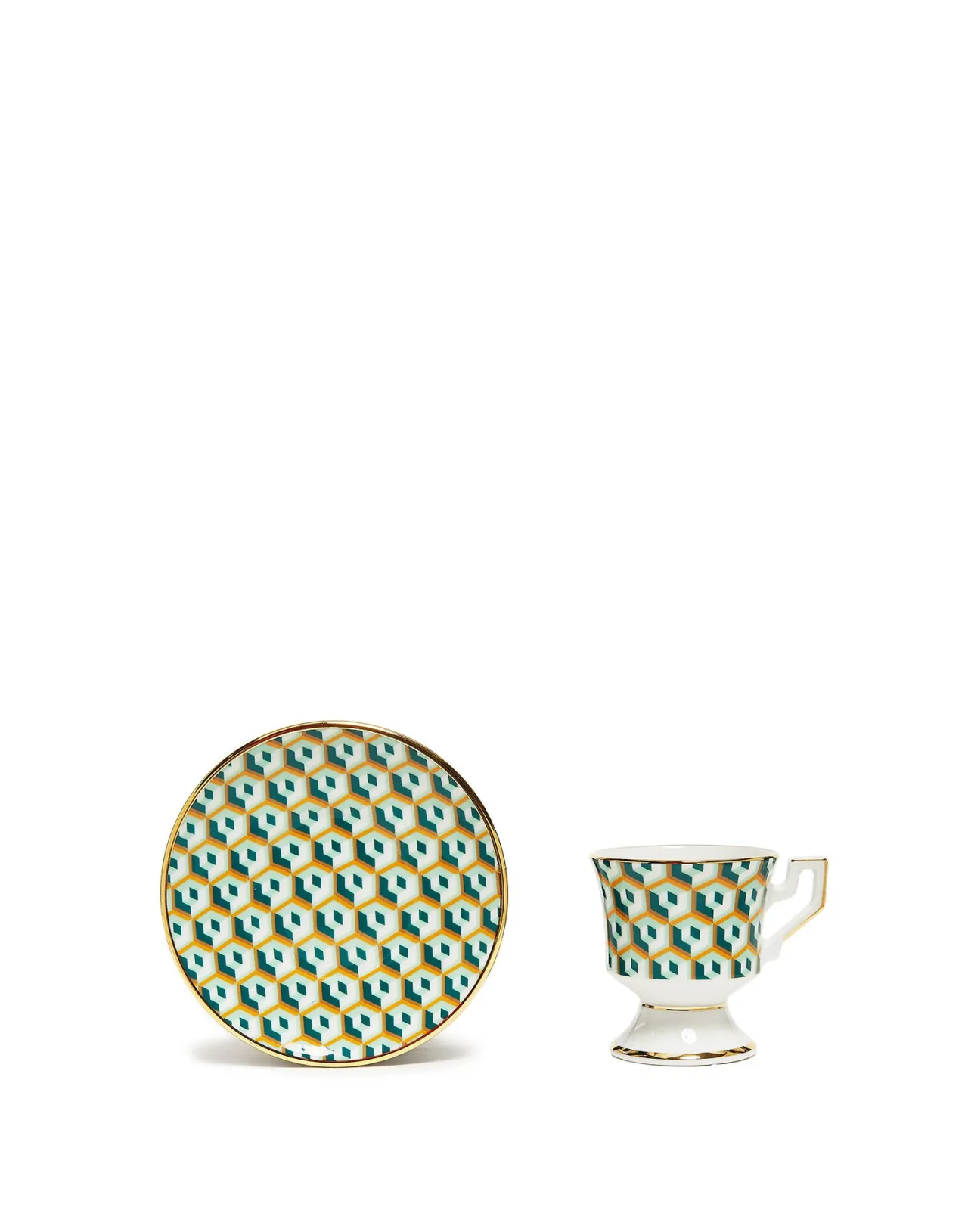 La DoubleJ Collection Esclusiva: Coppia Tazzine da Espresso con Piattini in Porcellana - Design Cubi Verde, Elegante Set per Caffè
