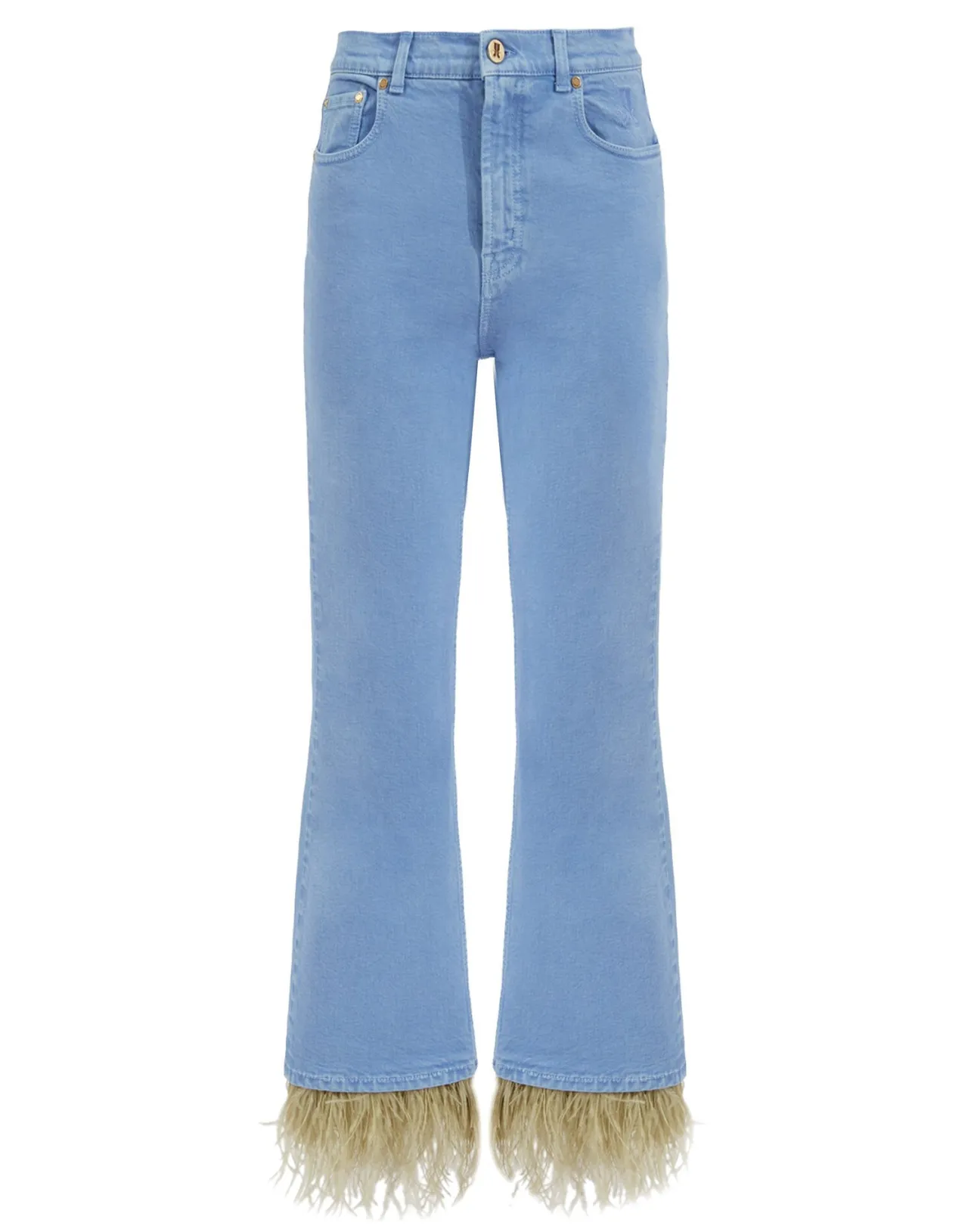 La DoubleJ Jeans Corti Stravaganti con Piume Decorativi - Denim Azzurro Chiaro in Edizione Limitata