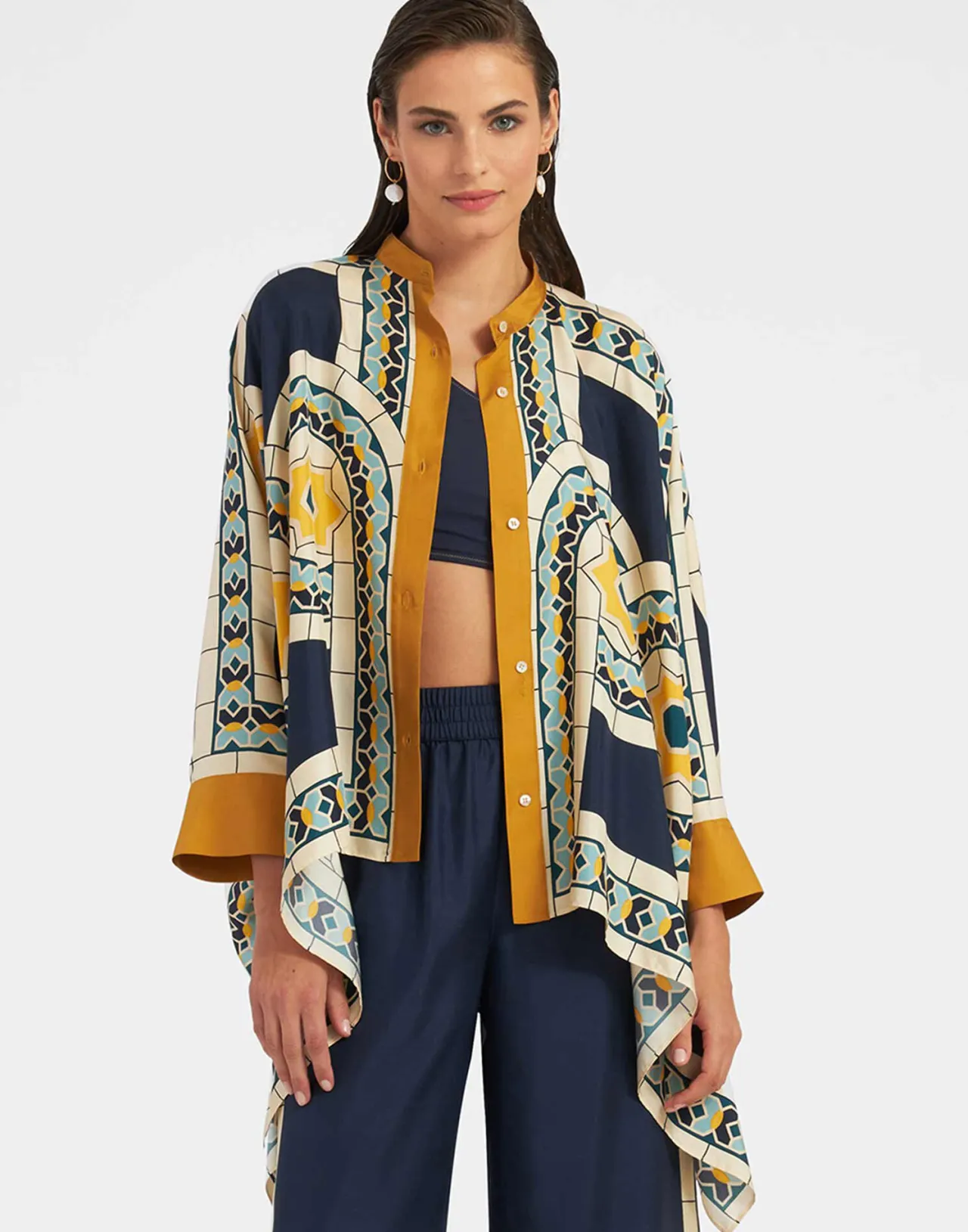 La DoubleJ - Camicia Foulard Elegante in Seta Twill, Design Mudejar Blu Placée - Edizione Limitata