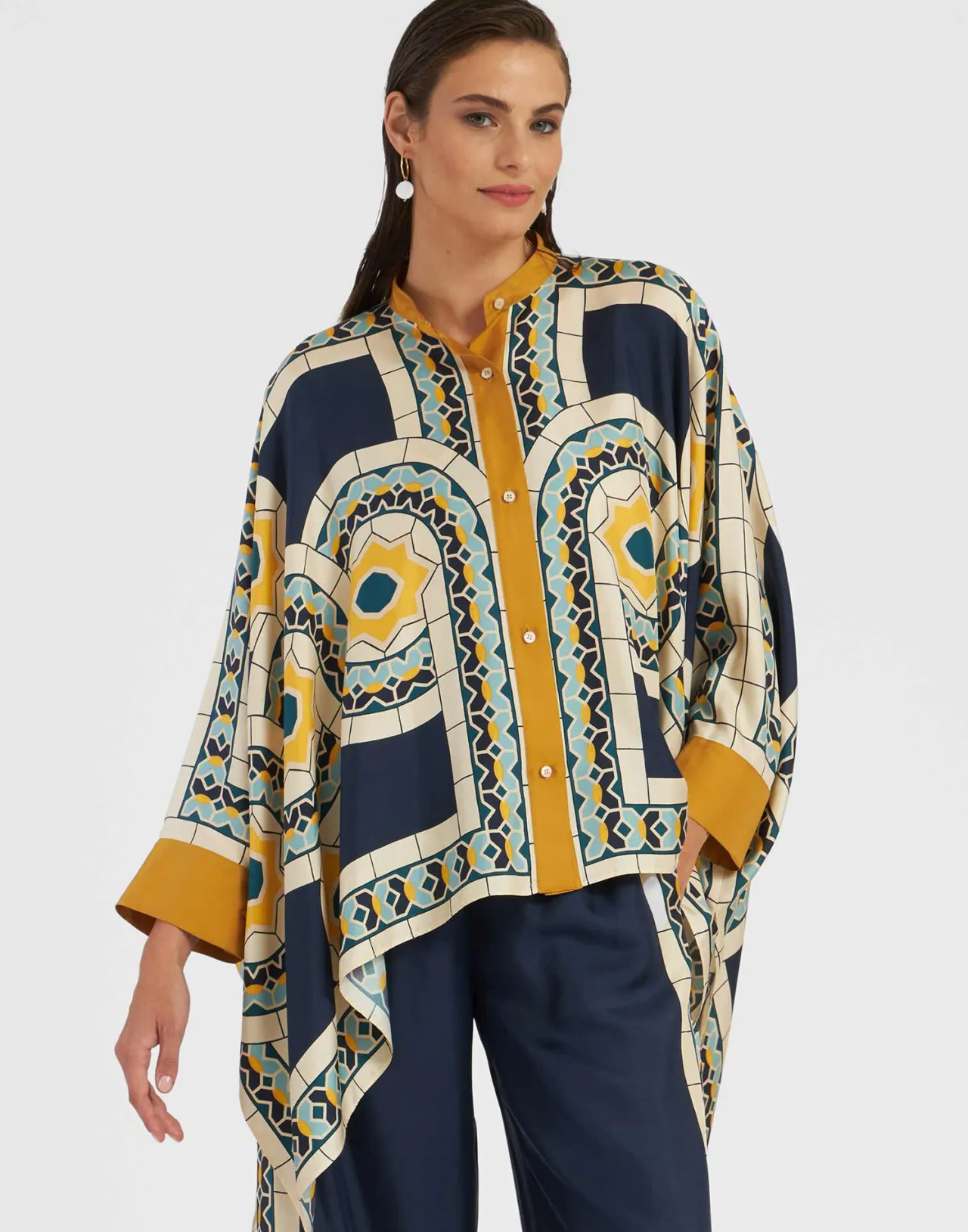 La DoubleJ - Camicia Foulard Elegante in Seta Twill, Design Mudejar Blu Placée - Edizione Limitata