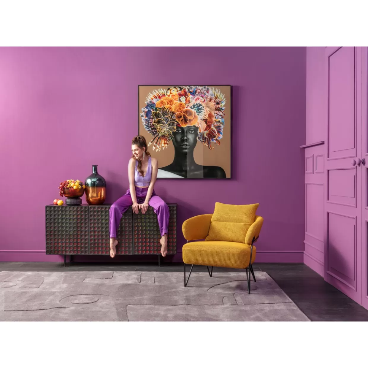 KARE Design Quadro Moderno con Fiori e Capelli - Stampa d'Arte Incorniciata 120x120 cm per Décor Chic