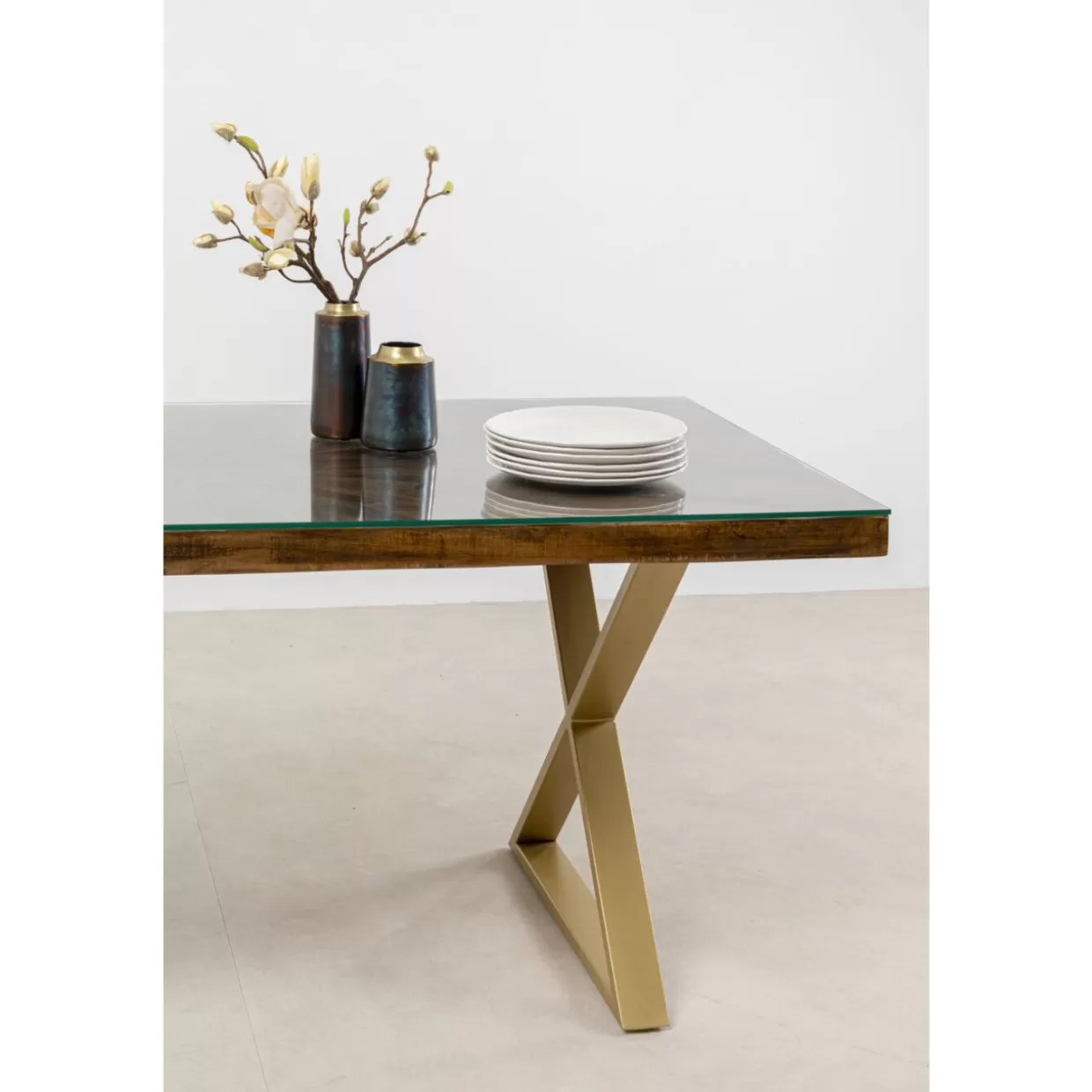 KARE DESIGN - Set di 2 Tavoli Moderni con Base a X in Ottone, Struttura Elegante per Soggiorno o Sala da Pranzo