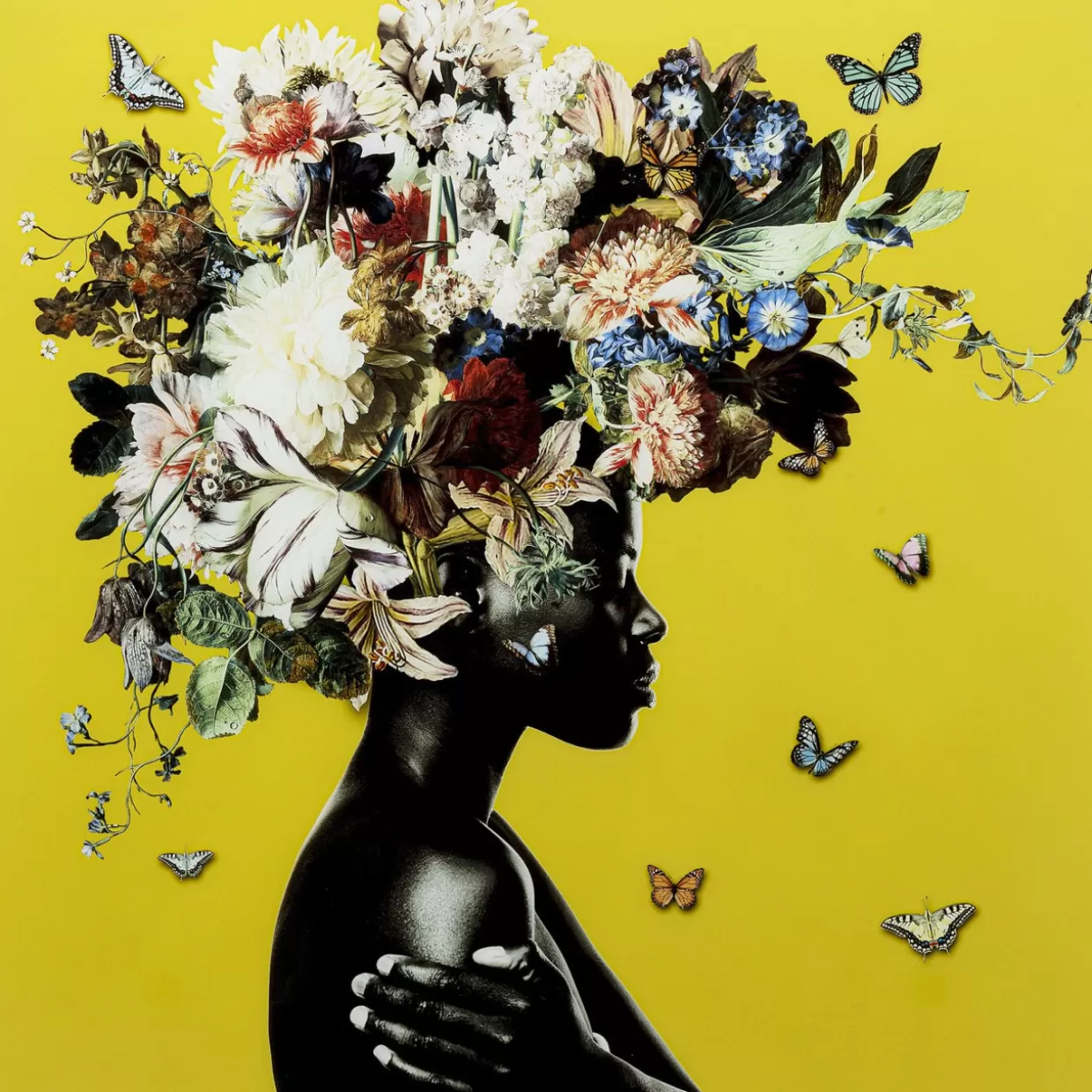Quadro Moderno 100x100 cm - Composizione Floreale Elegante in Tonalità Sole con Cornice in Vetro, Ideale per Arredamento Contemporaneo KARE