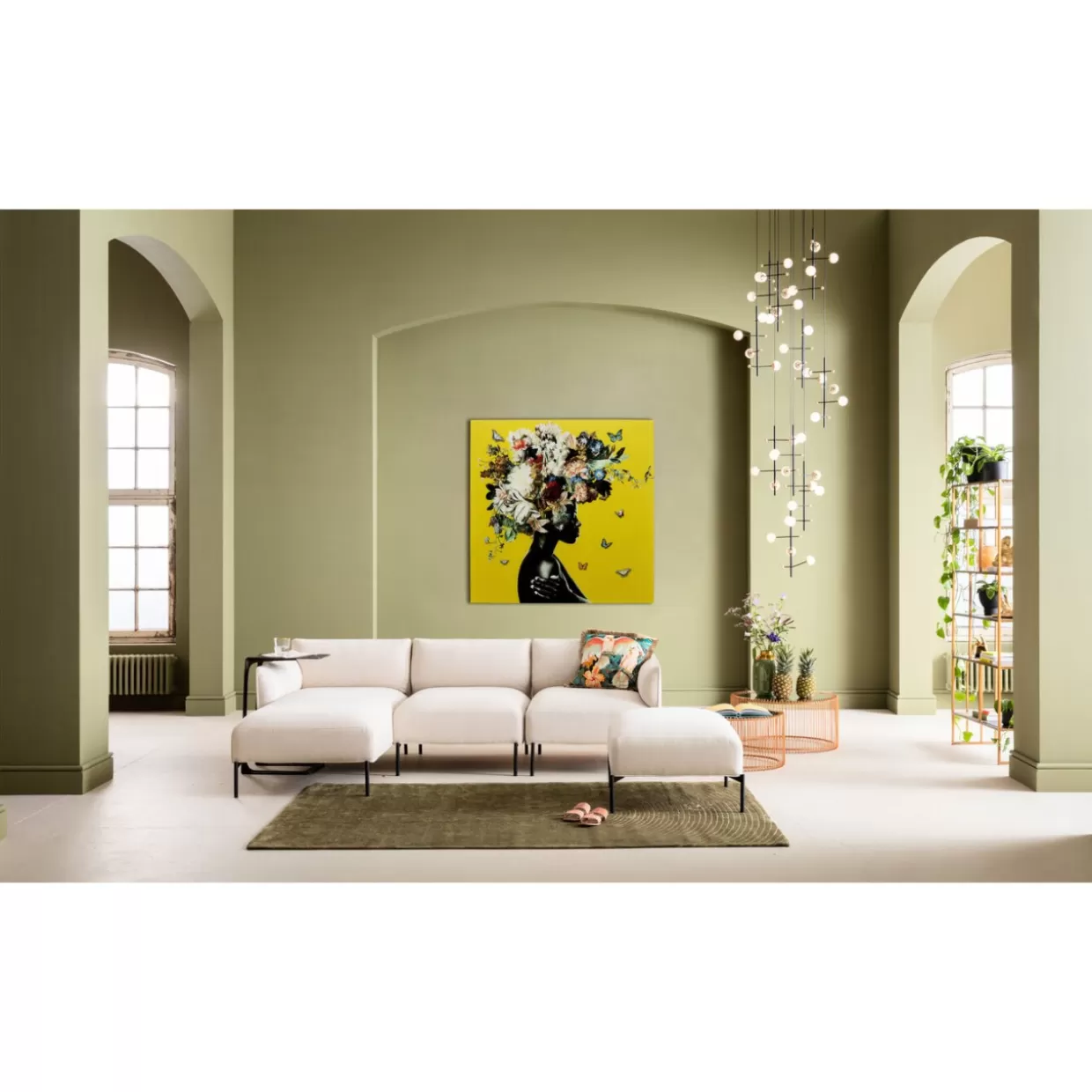 Quadro Moderno 100x100 cm - Composizione Floreale Elegante in Tonalità Sole con Cornice in Vetro, Ideale per Arredamento Contemporaneo KARE