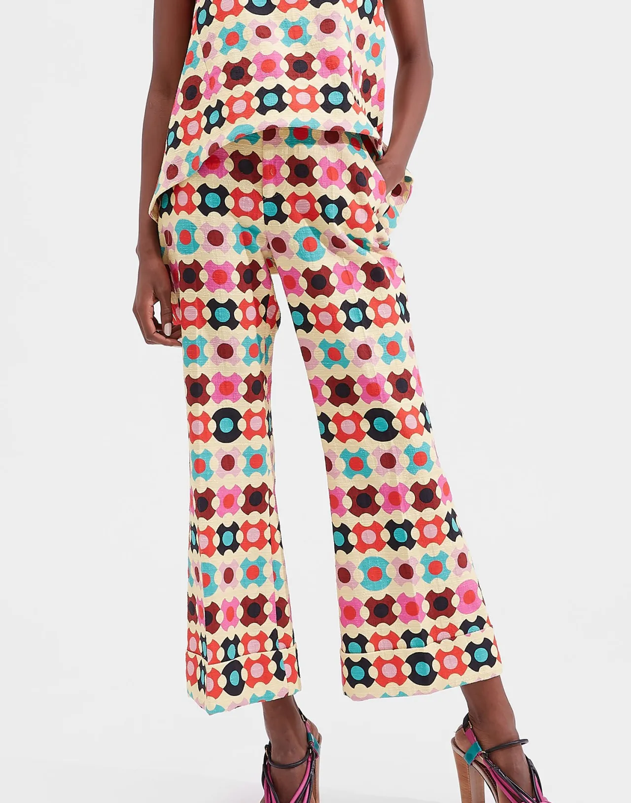 La DoubleJ Pantaloni Eleganti con Stampa Groovy in Cotone Strutturato - Design Retrò Hendrix in Tonalità Giallo Vibrante, Edizione Speciale Outlet