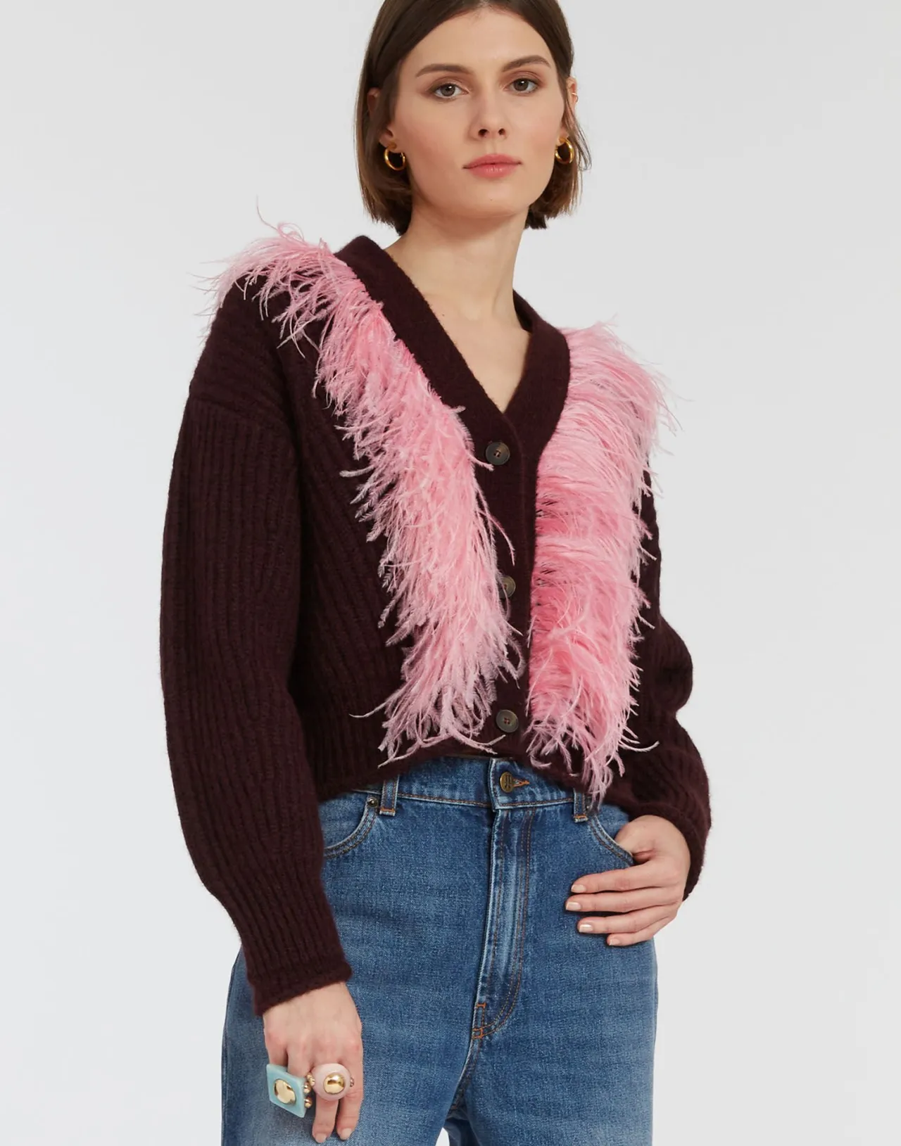 Cardigan con Piume La DoubleJ - Lana Morbida Borgogna Stile High Kick