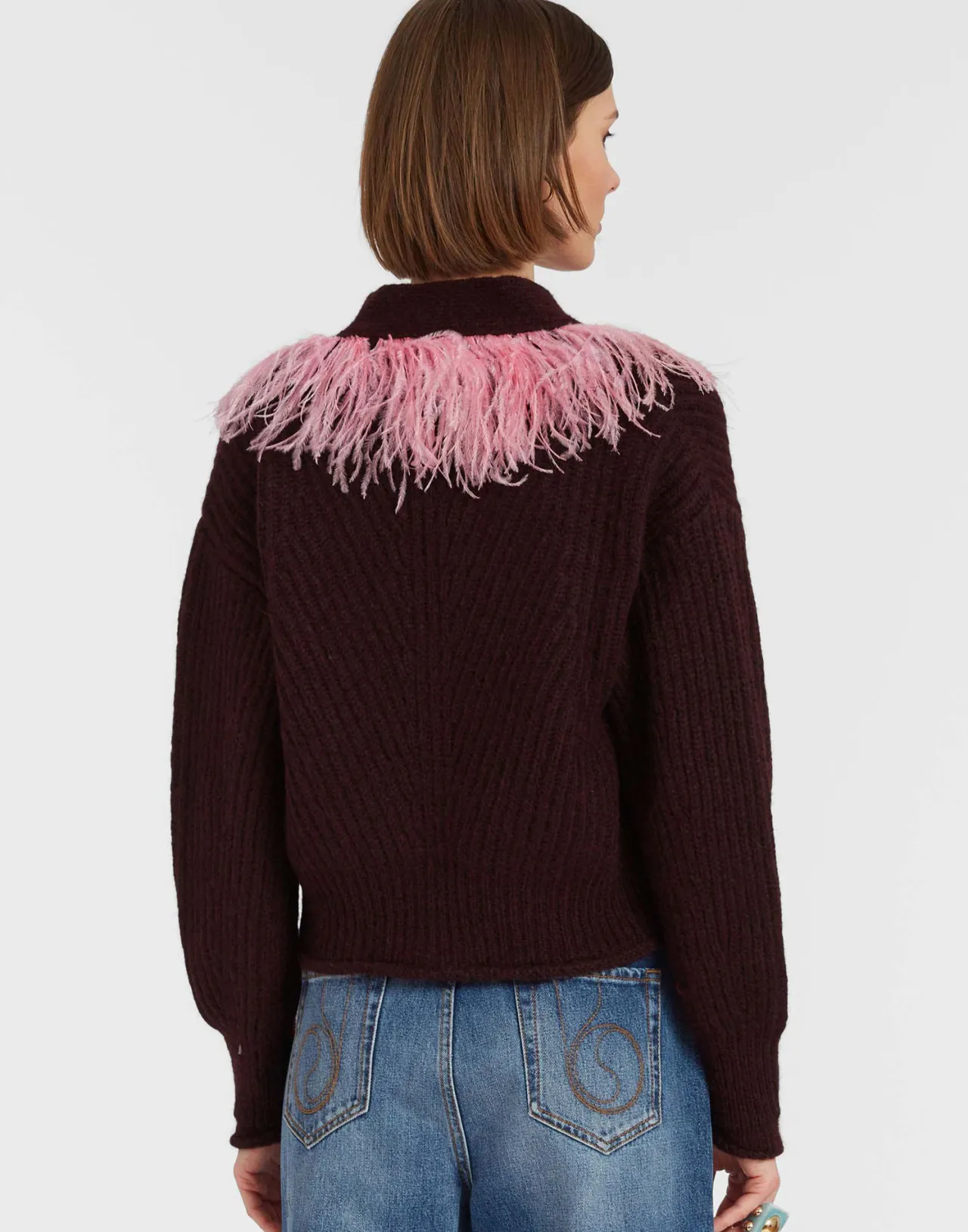 Cardigan con Piume La DoubleJ - Lana Morbida Borgogna Stile High Kick