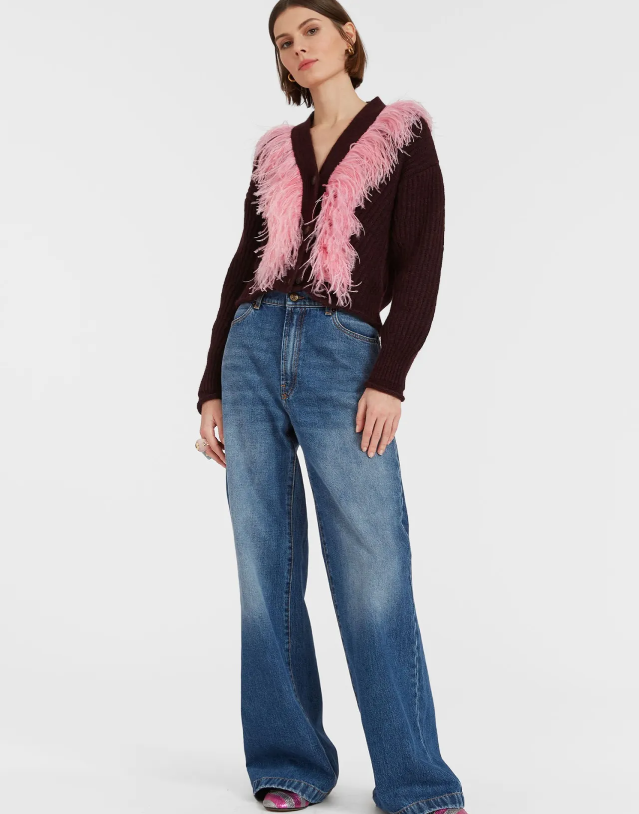 Cardigan con Piume La DoubleJ - Lana Morbida Borgogna Stile High Kick
