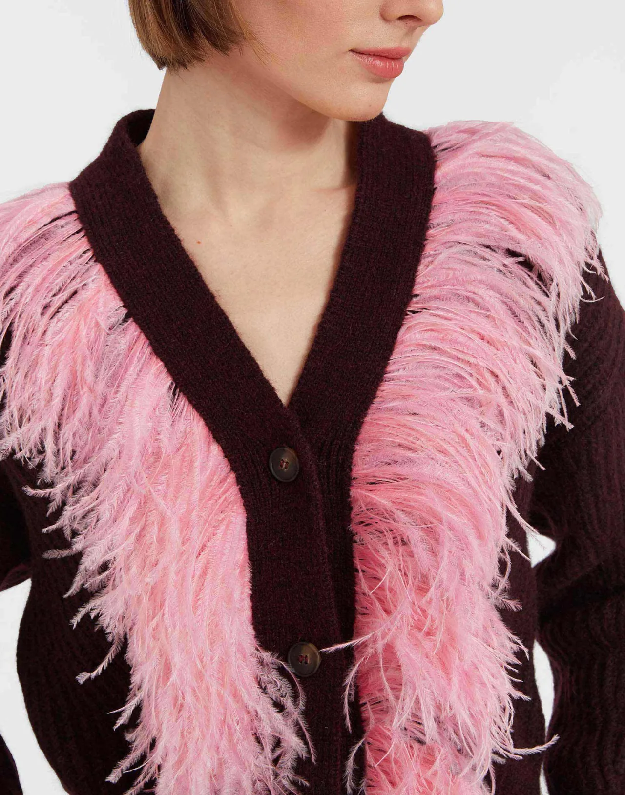 Cardigan con Piume La DoubleJ - Lana Morbida Borgogna Stile High Kick