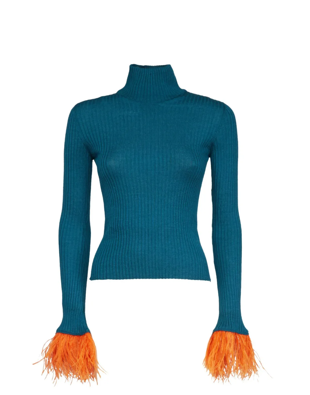 Offerta Imperdibile: Maglia High Kick di La DoubleJ in Blu Oltremare con Tessuto Rigato Seta e Cashmere e Decorazioni con Piume Eleganti