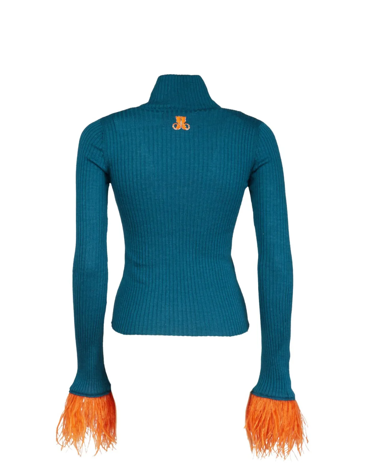 Offerta Imperdibile: Maglia High Kick di La DoubleJ in Blu Oltremare con Tessuto Rigato Seta e Cashmere e Decorazioni con Piume Eleganti