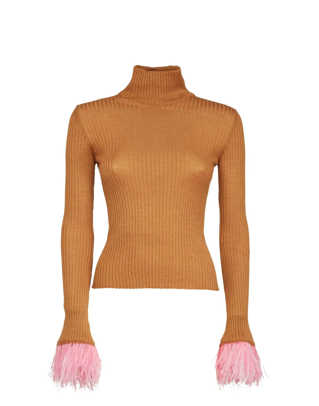 Maglia Alta Vita La DoubleJ in Cashmere Seta Rigato - Beige Sabbia con Decorazioni di Piume (In Saldo)