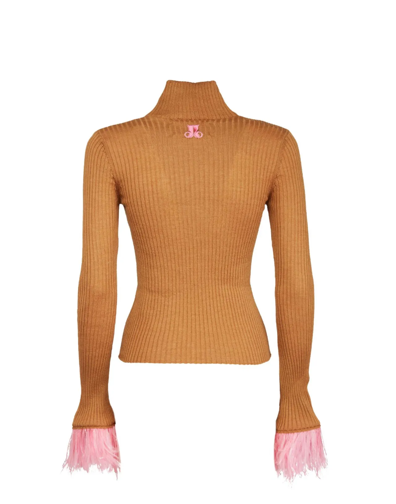 Maglia Alta Vita La DoubleJ in Cashmere Seta Rigato - Beige Sabbia con Decorazioni di Piume (In Saldo)