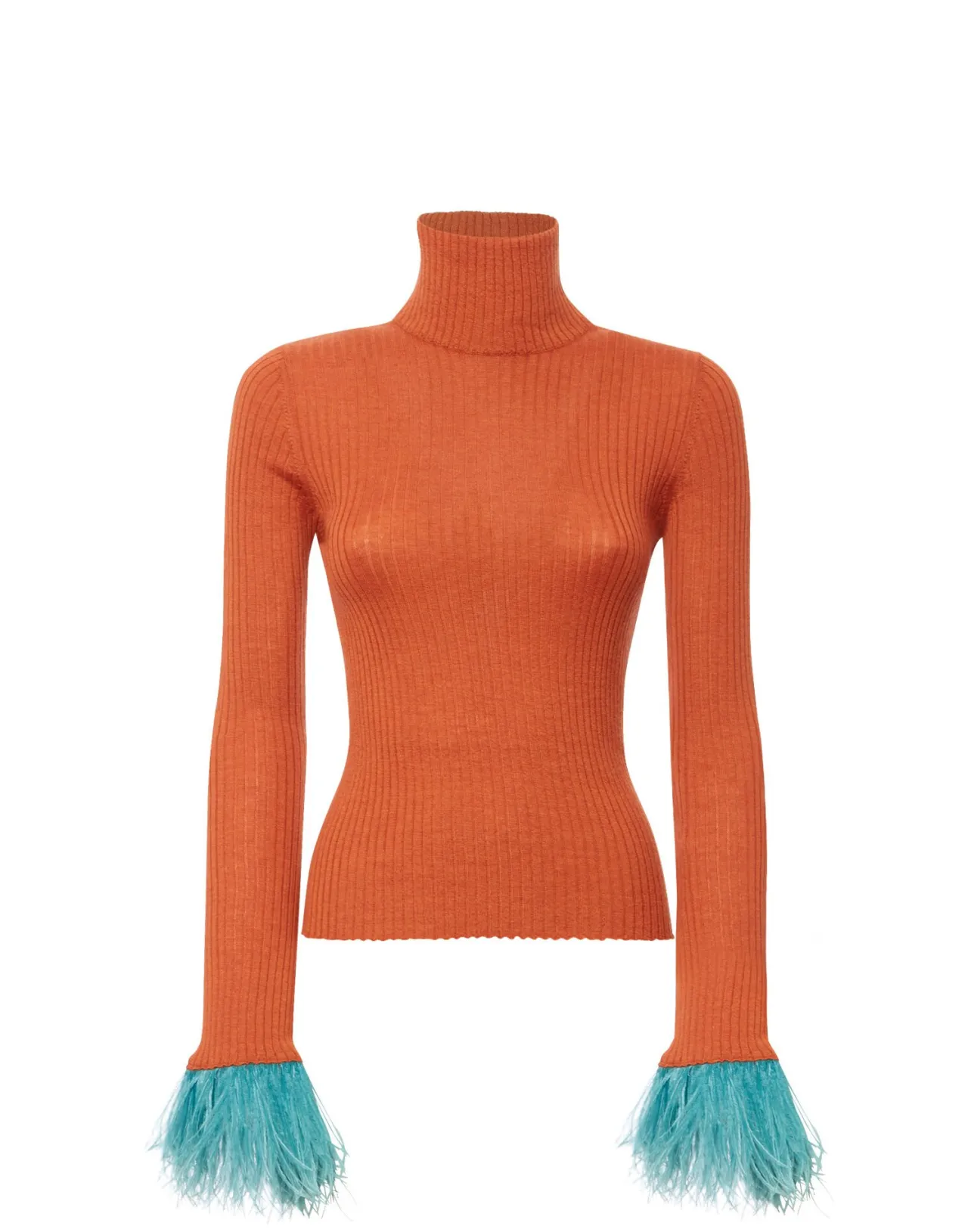 Elegante Top Alto alla Coscia La DoubleJ - Arancione in Cashmere Seta Rigato con Rifiniture a Piume | Edizione Limitata Prezzo Accessibile