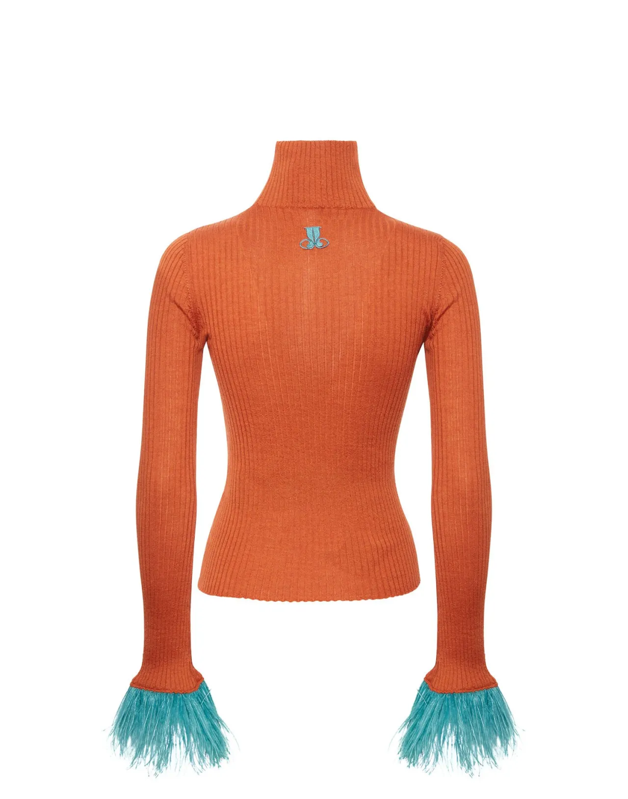 Elegante Top Alto alla Coscia La DoubleJ - Arancione in Cashmere Seta Rigato con Rifiniture a Piume | Edizione Limitata Prezzo Accessibile