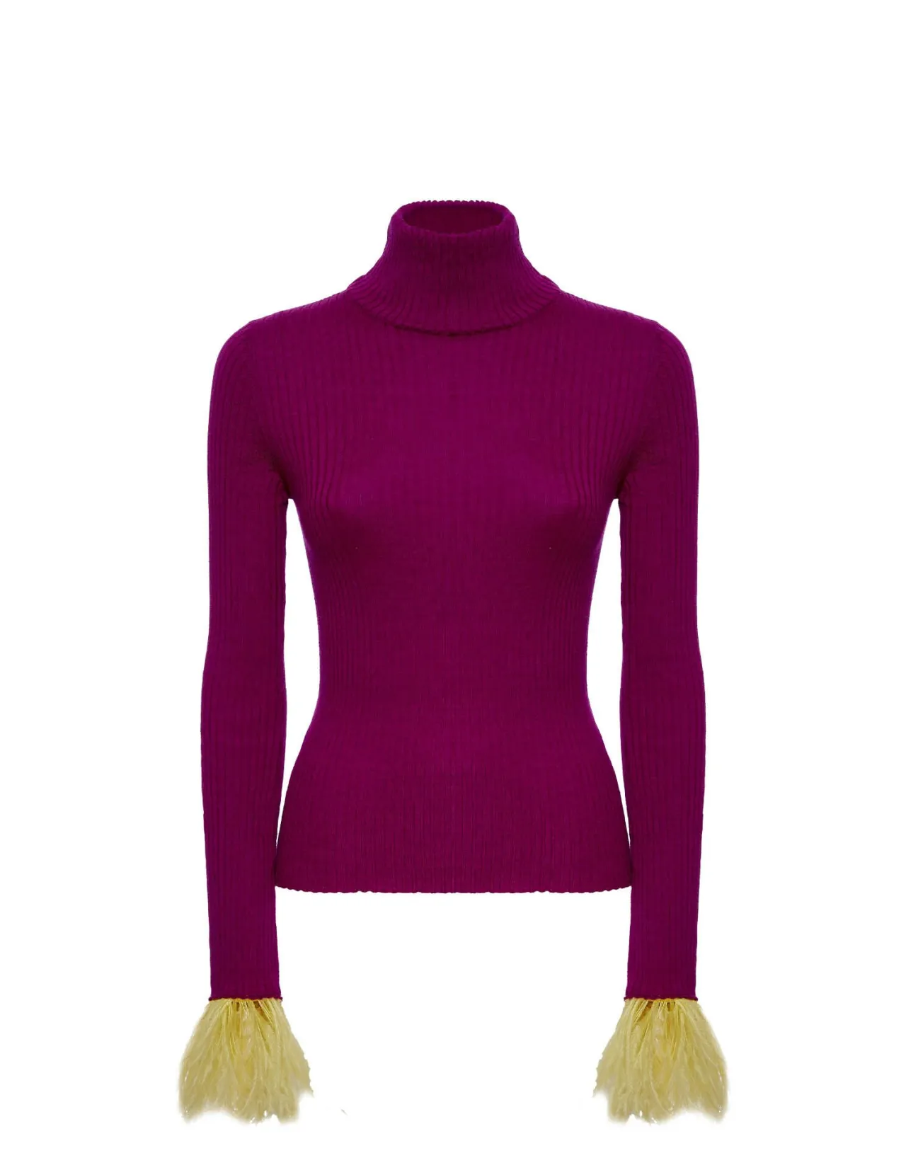 La DoubleJ: Maglia Alta Calzata Elegante in Cashmere Seta Rigato Viola con Decorazioni di Piume