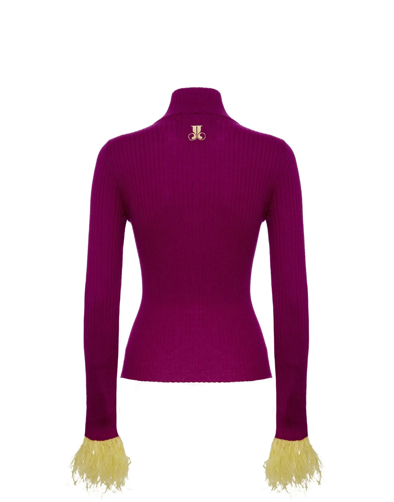 La DoubleJ: Maglia Alta Calzata Elegante in Cashmere Seta Rigato Viola con Decorazioni di Piume