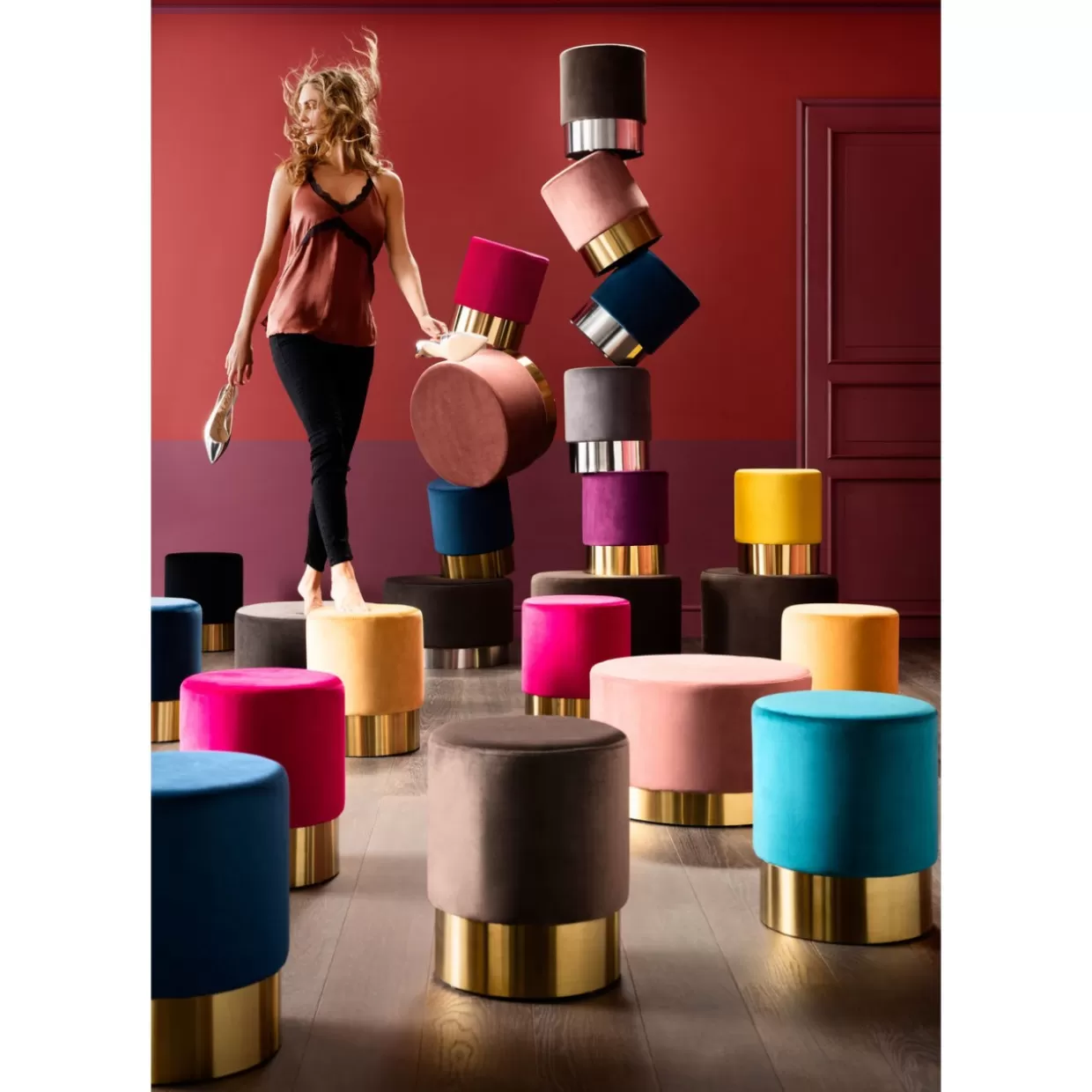 Elegante Panchina e Sgabello KARE Design in Ciliegio Rosa con Rifiniture Ottone - Altezza 45 cm