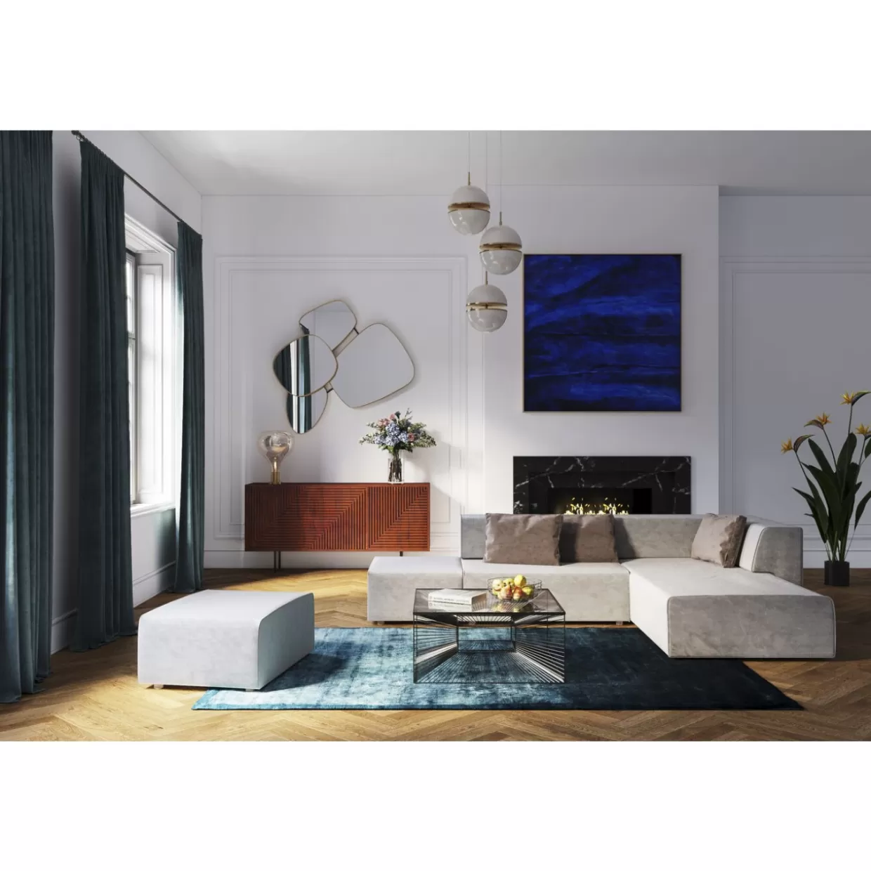 KARE Design Divano Modular Infinity con Pouf - Elements in Tessuto Grigio Grafite, Configurazione Destra