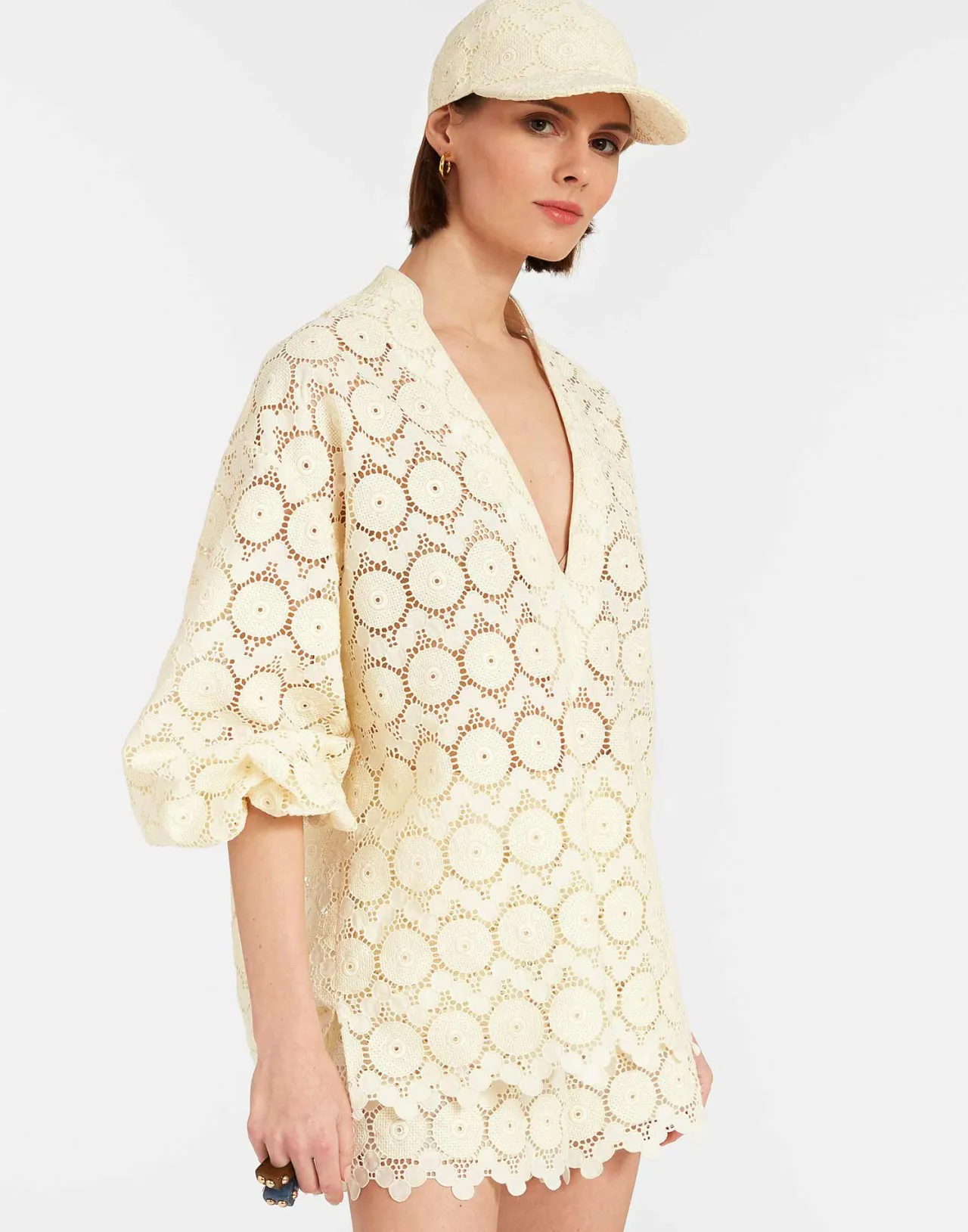 Camicia Jackie La DoubleJ con Occhio Turco - Ricamo in Macramè Avorio, Prezzo Conveniente