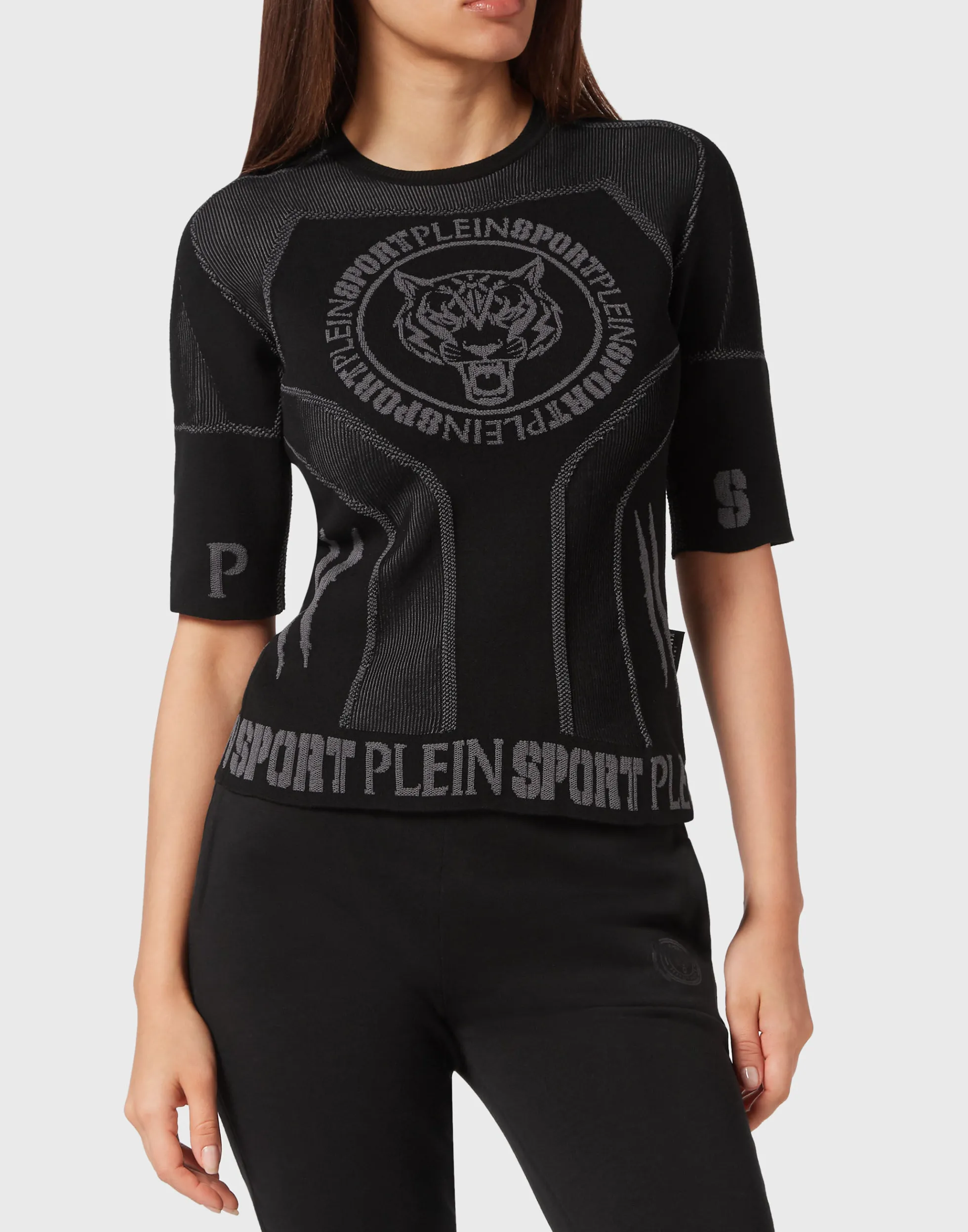 Maglia Donna Sportiva Plein Sport in Jacquard a Maglia con Scollo Tondo e Maniche Corte - Taglio Slim Comodo e Design Elegante