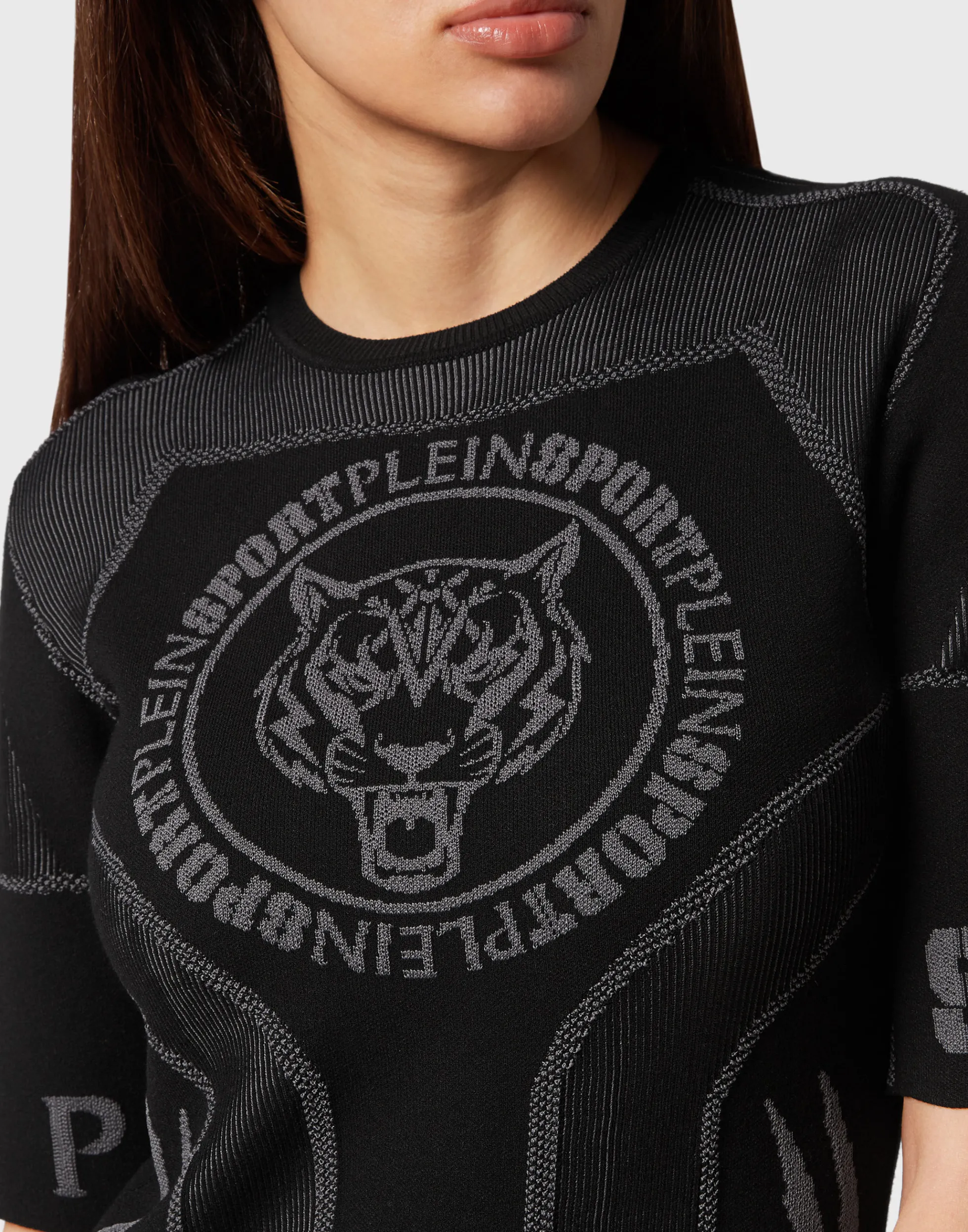 Maglia Donna Sportiva Plein Sport in Jacquard a Maglia con Scollo Tondo e Maniche Corte - Taglio Slim Comodo e Design Elegante