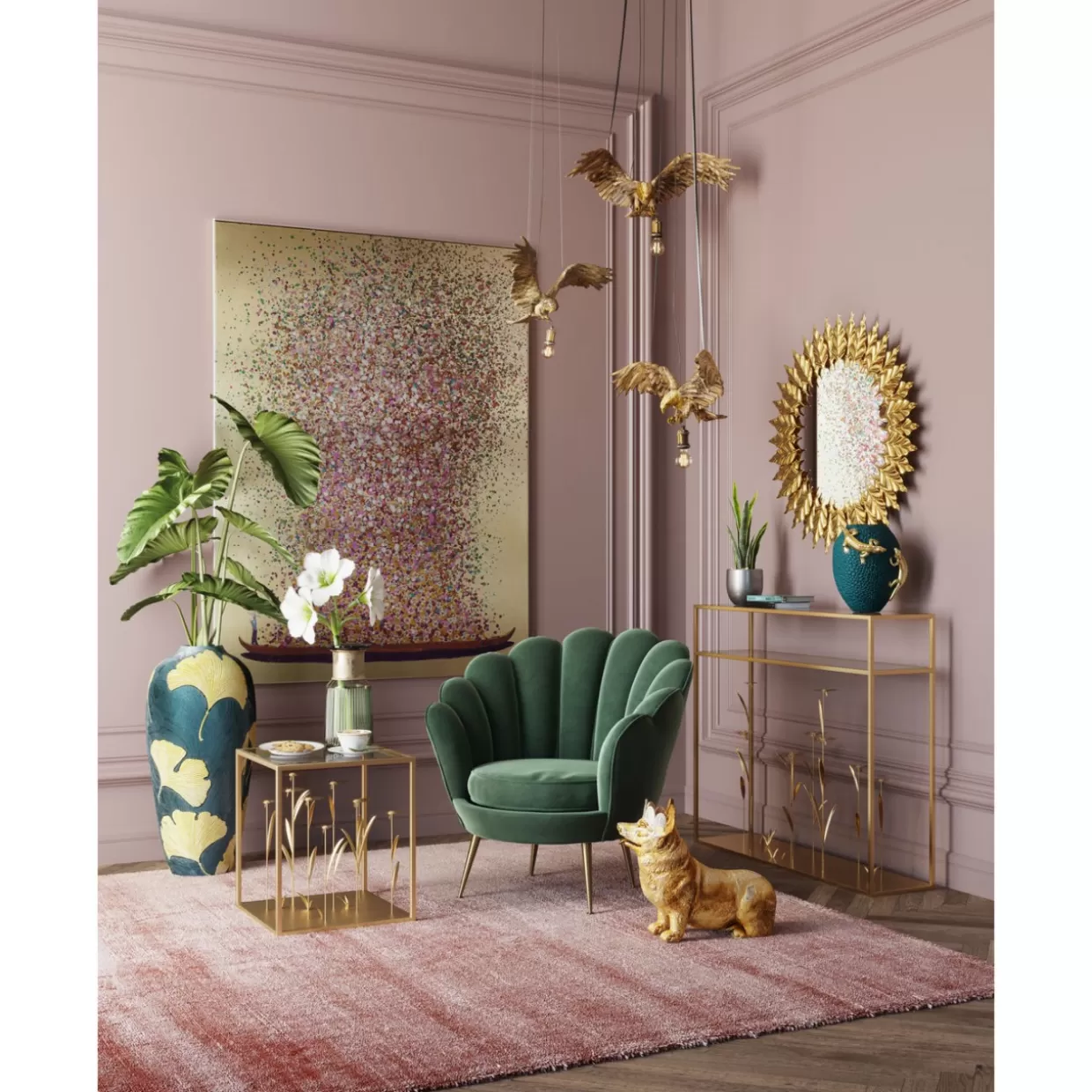 KARE Design - Elegante Mobile Comò e Credenza con Motivo Prato Fiorito e Rifiniture Oro | Modello 100 cm