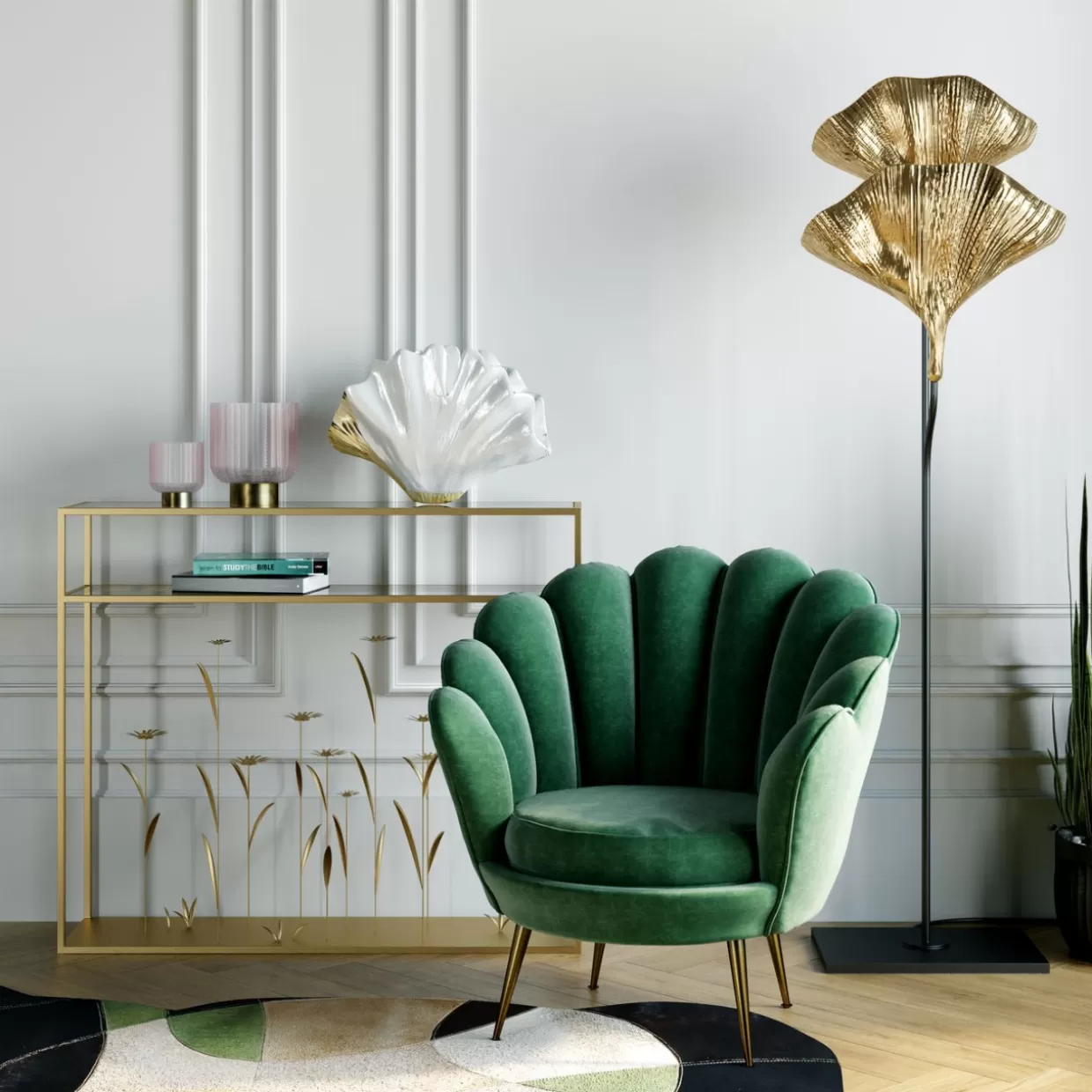 KARE Design - Elegante Mobile Comò e Credenza con Motivo Prato Fiorito e Rifiniture Oro | Modello 100 cm