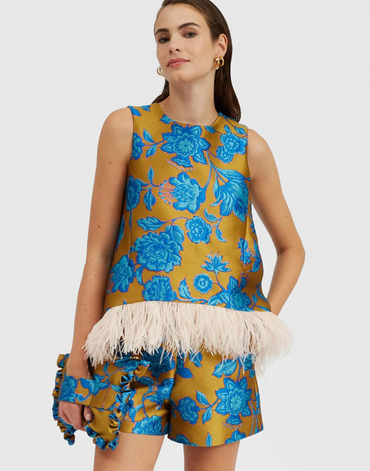 La DoubleJ Canottiera Elegante Turchese Jacquard con Piume - Collezione La Scala Stile Vintage