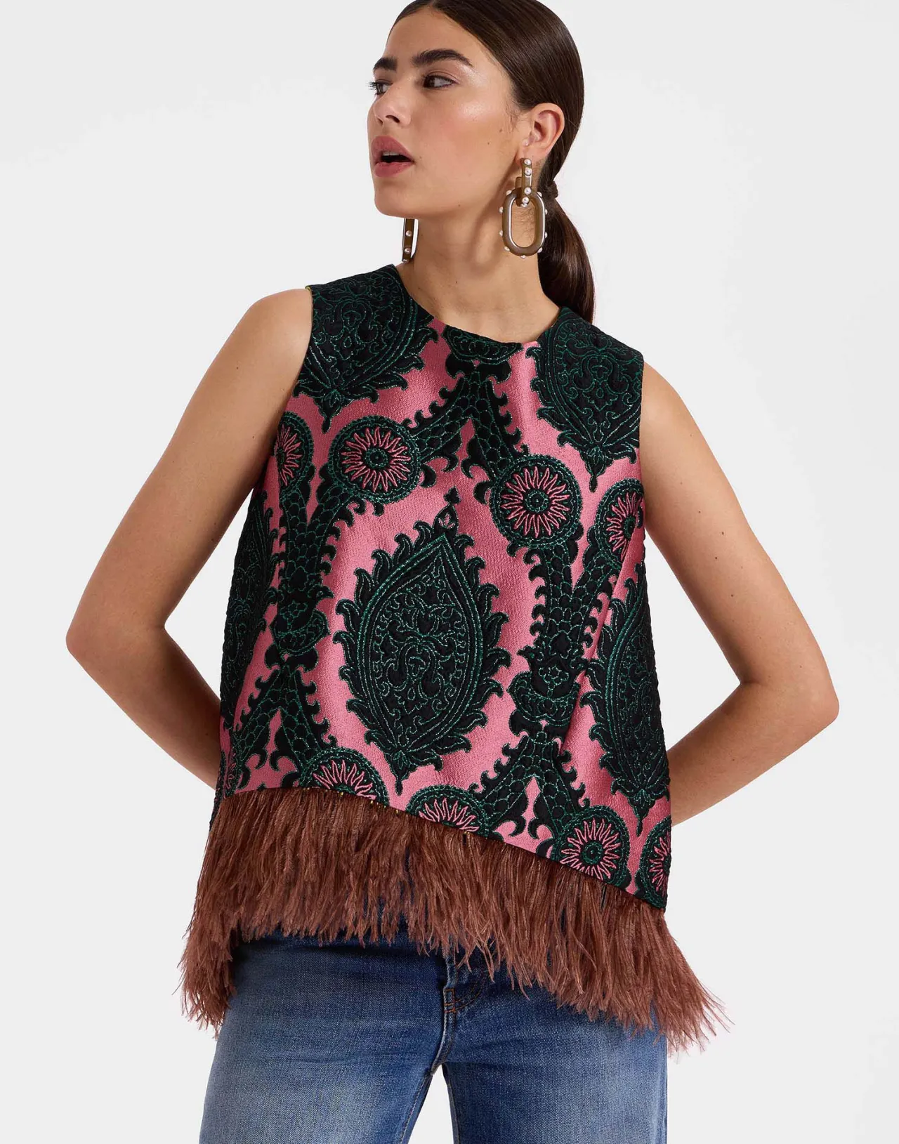 La DoubleJ - Camicia Stile Oltrarno Jacquard Rosa con Ricami di Piume 'La Scala'