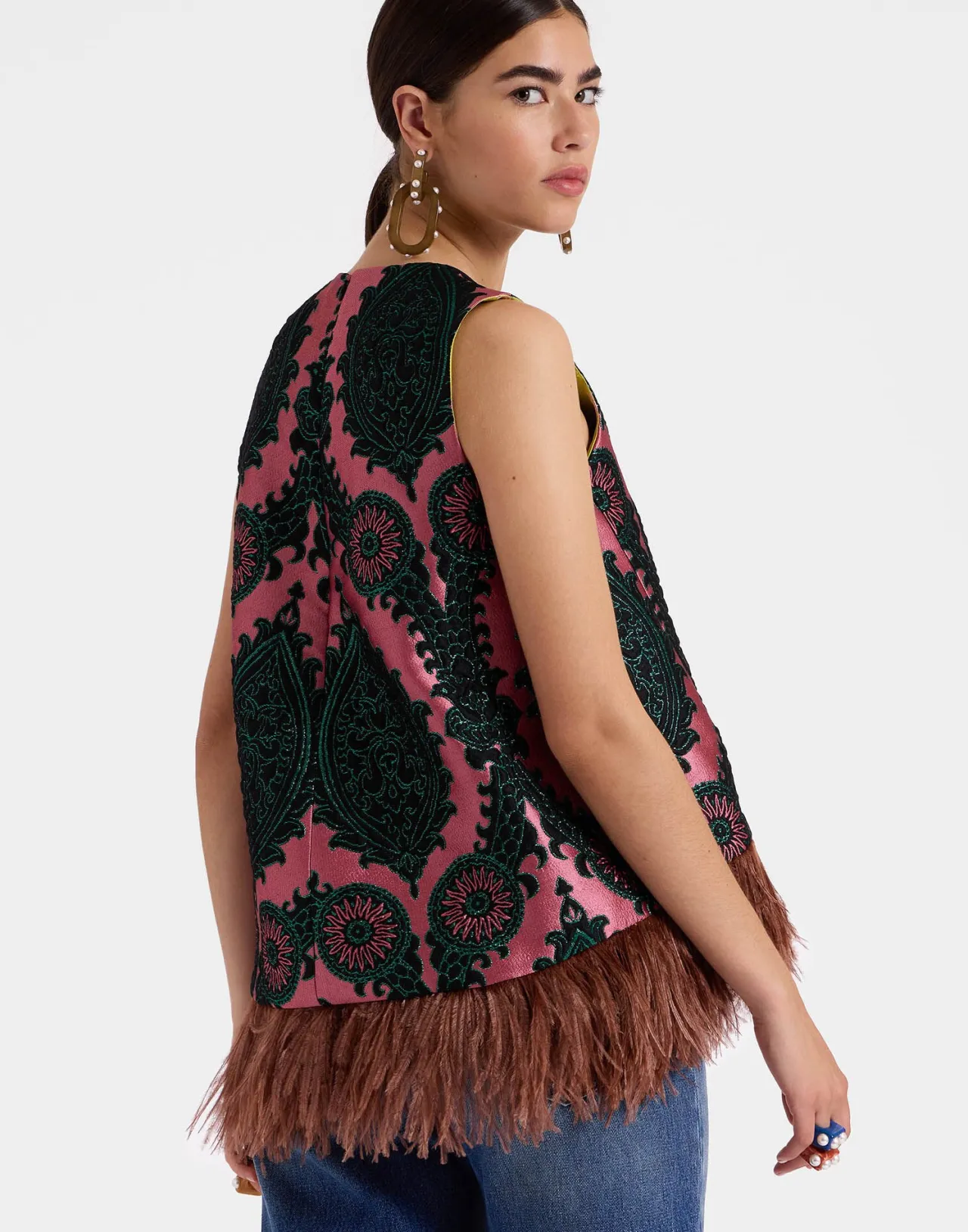 La DoubleJ - Camicia Stile Oltrarno Jacquard Rosa con Ricami di Piume 'La Scala'