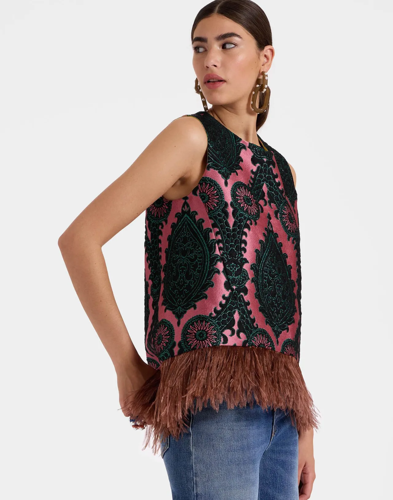 La DoubleJ - Camicia Stile Oltrarno Jacquard Rosa con Ricami di Piume 'La Scala'