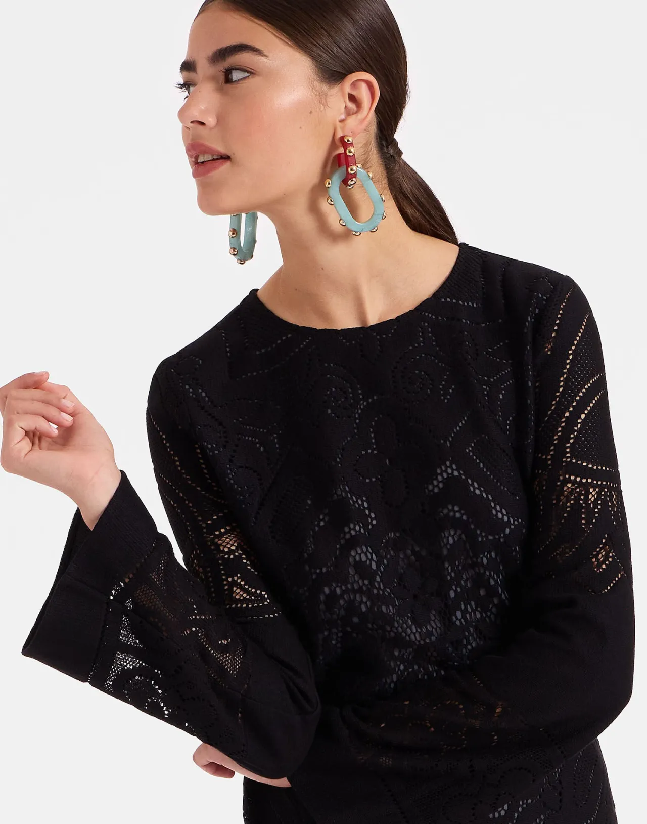 La DoubleJ Vestito Mini in Cotone Ricamato con Pizzo - Nero Assoluto, Modello A Campana con Fodera Elegante - Edizione Speciale Outlet