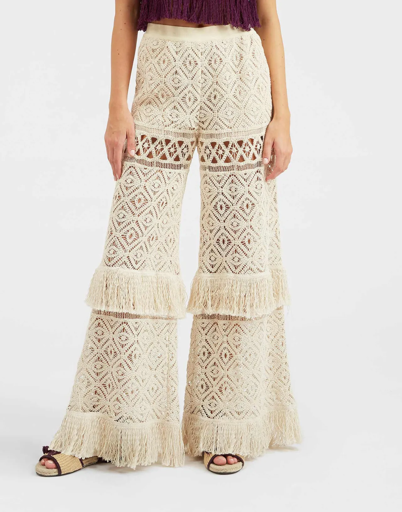 DoubleJ Pantaloni Palazzo Primavera in Pizzo Color Crema con Dettagli Macramè - Moda Boho Chic & Stilizzata
