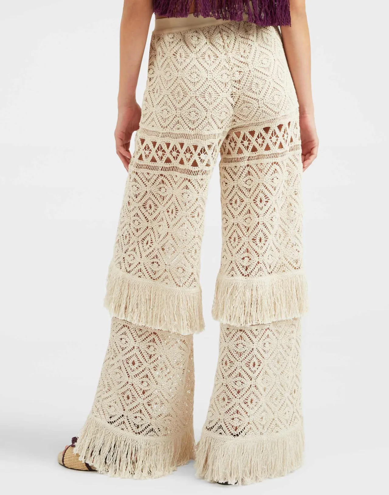 DoubleJ Pantaloni Palazzo Primavera in Pizzo Color Crema con Dettagli Macramè - Moda Boho Chic & Stilizzata