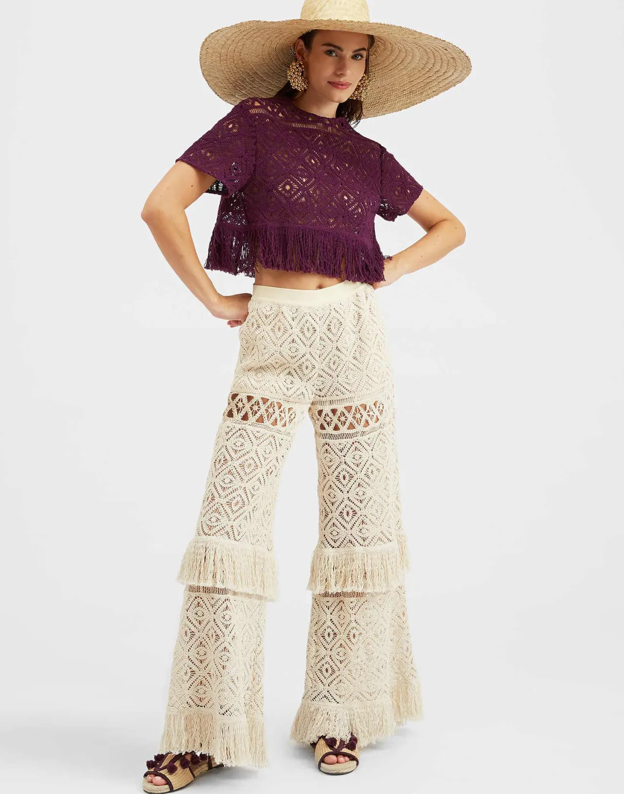 DoubleJ Pantaloni Palazzo Primavera in Pizzo Color Crema con Dettagli Macramè - Moda Boho Chic & Stilizzata
