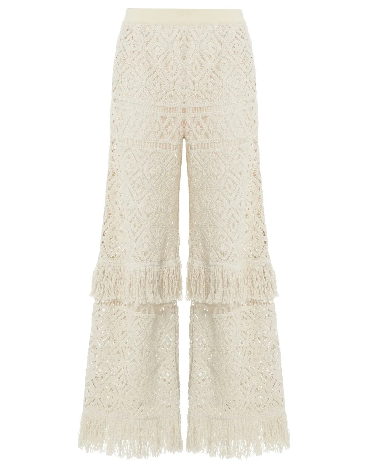DoubleJ Pantaloni Palazzo Primavera in Pizzo Color Crema con Dettagli Macramè - Moda Boho Chic & Stilizzata