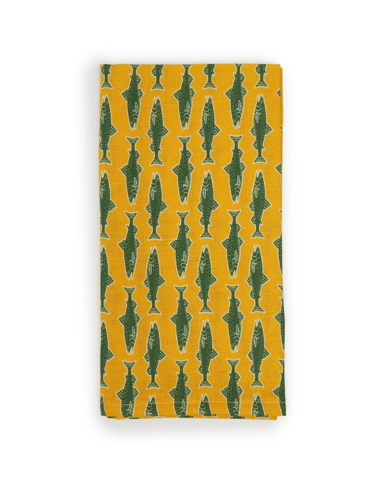 Tovaglioli Artistici La DoubleJ - Coppia Lino Ricamato Motivo Pesce Como in Giallo Vintage
