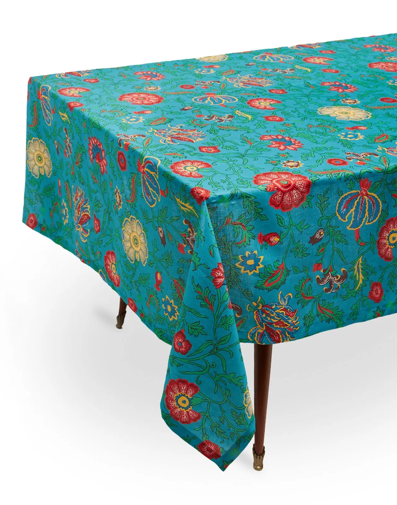 Elegante Tovaglia Grande La DoubleJ - Stile Artistico con Motivo Drago e Fiori in Lino Turchese, 180x350 cm per Tavolate Memorabili