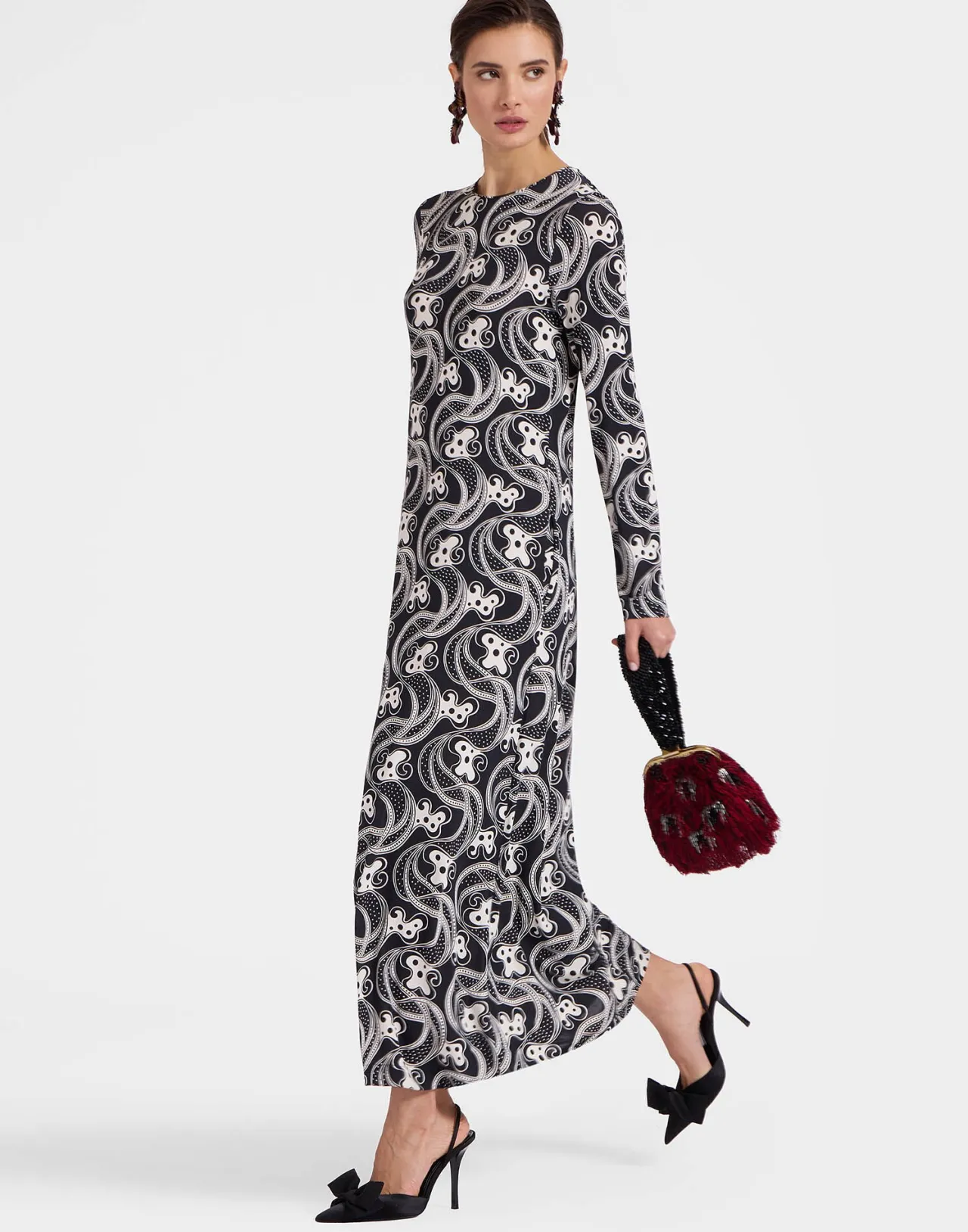 La DoubleJ - Abito Svasato con Maniche Lunghe in Jersey Morbido, Stampa Aperol Bianconera - Vestito Fluido per Look Casual e Chic