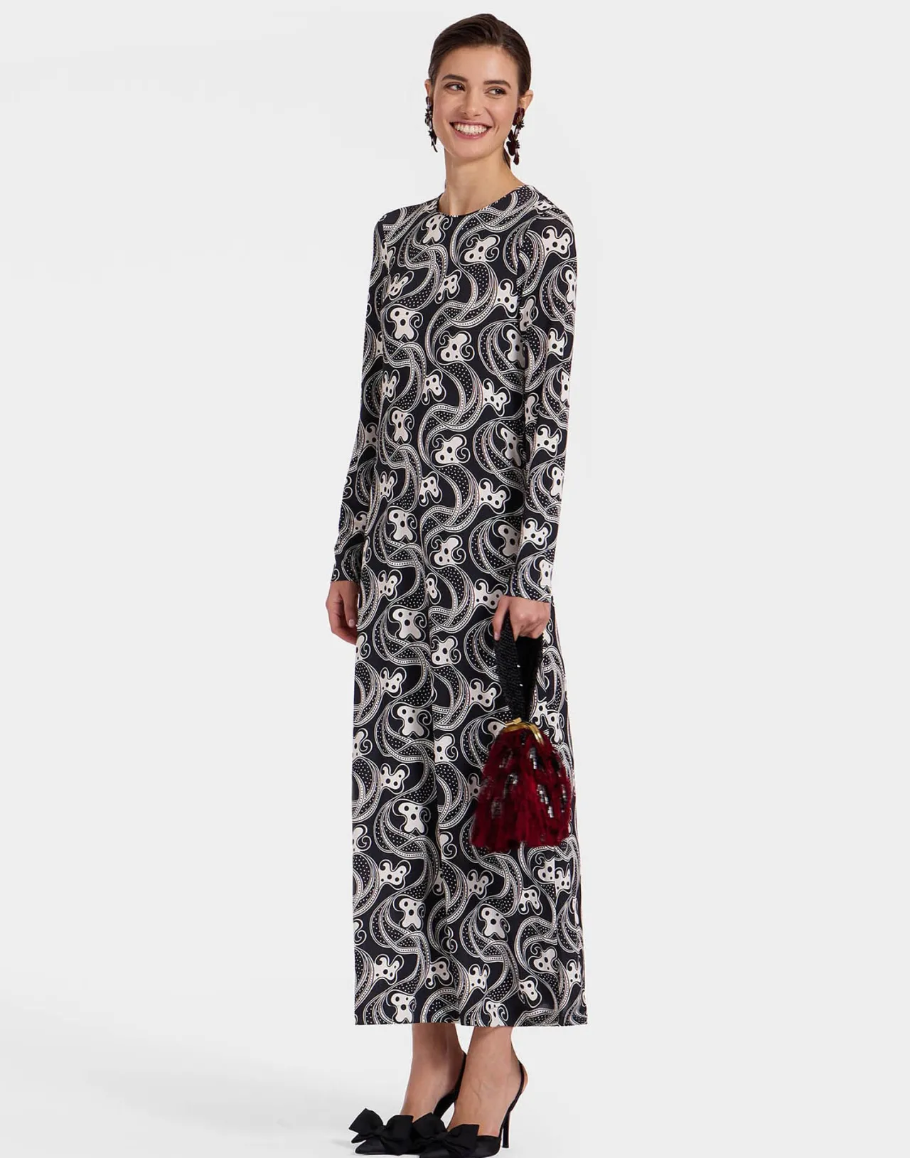 La DoubleJ - Abito Svasato con Maniche Lunghe in Jersey Morbido, Stampa Aperol Bianconera - Vestito Fluido per Look Casual e Chic