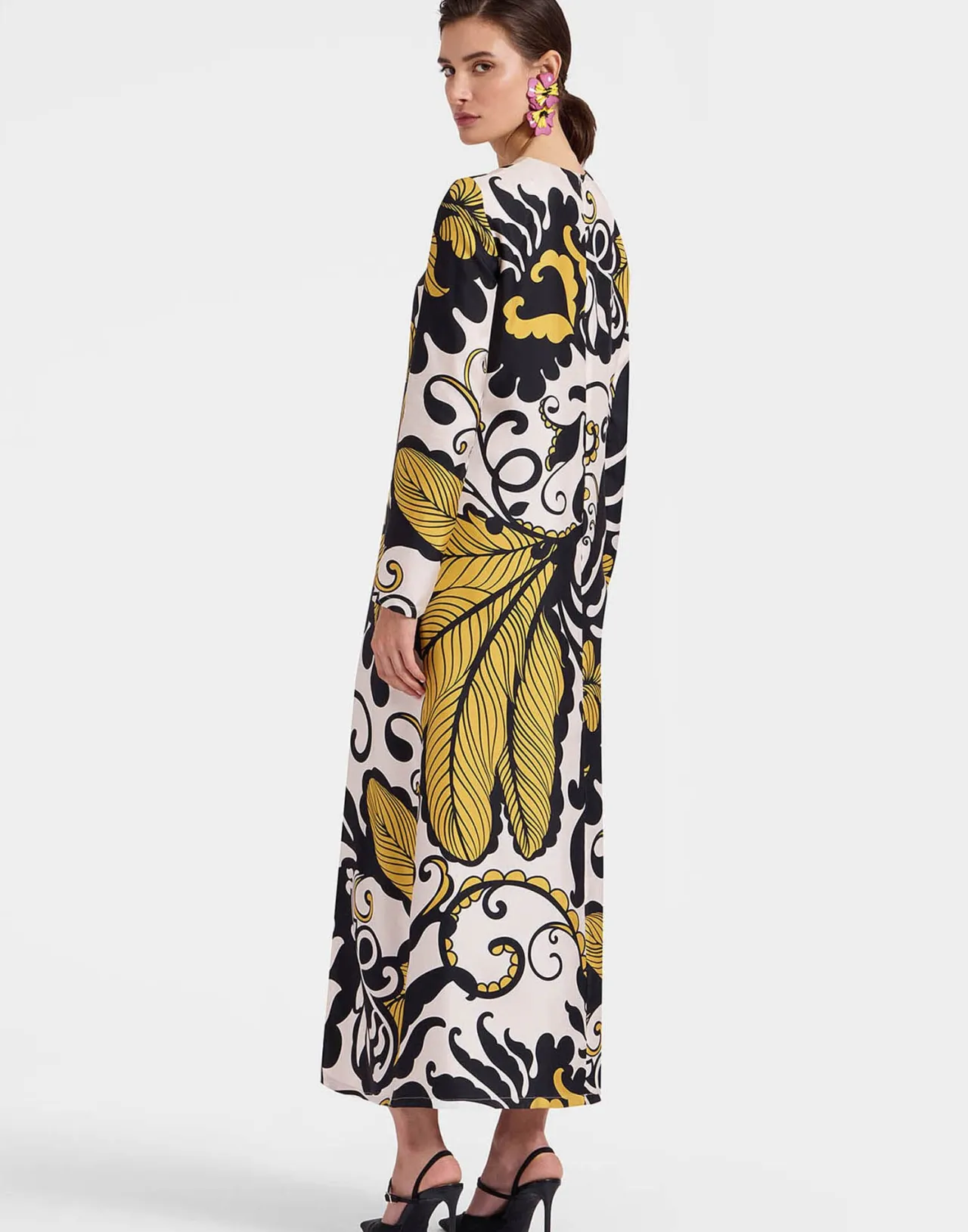 La DoubleJ Abito Elegante in Seta con Maniche Lunghe - Design A Line in Bianco e Nero Marea, Tessuto Twill Pregiato