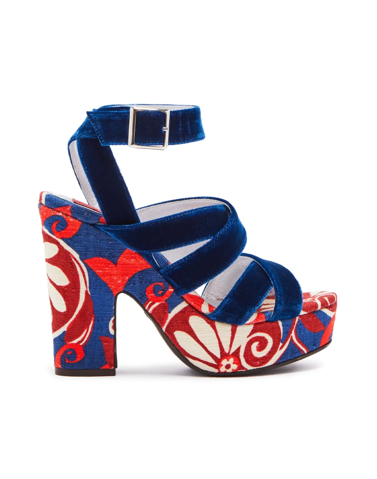 La DoubleJ Scarpe Eleganti Zeppa Medaglione con Motivo Floreale Bianco e Blu Navy in Cotone Shot