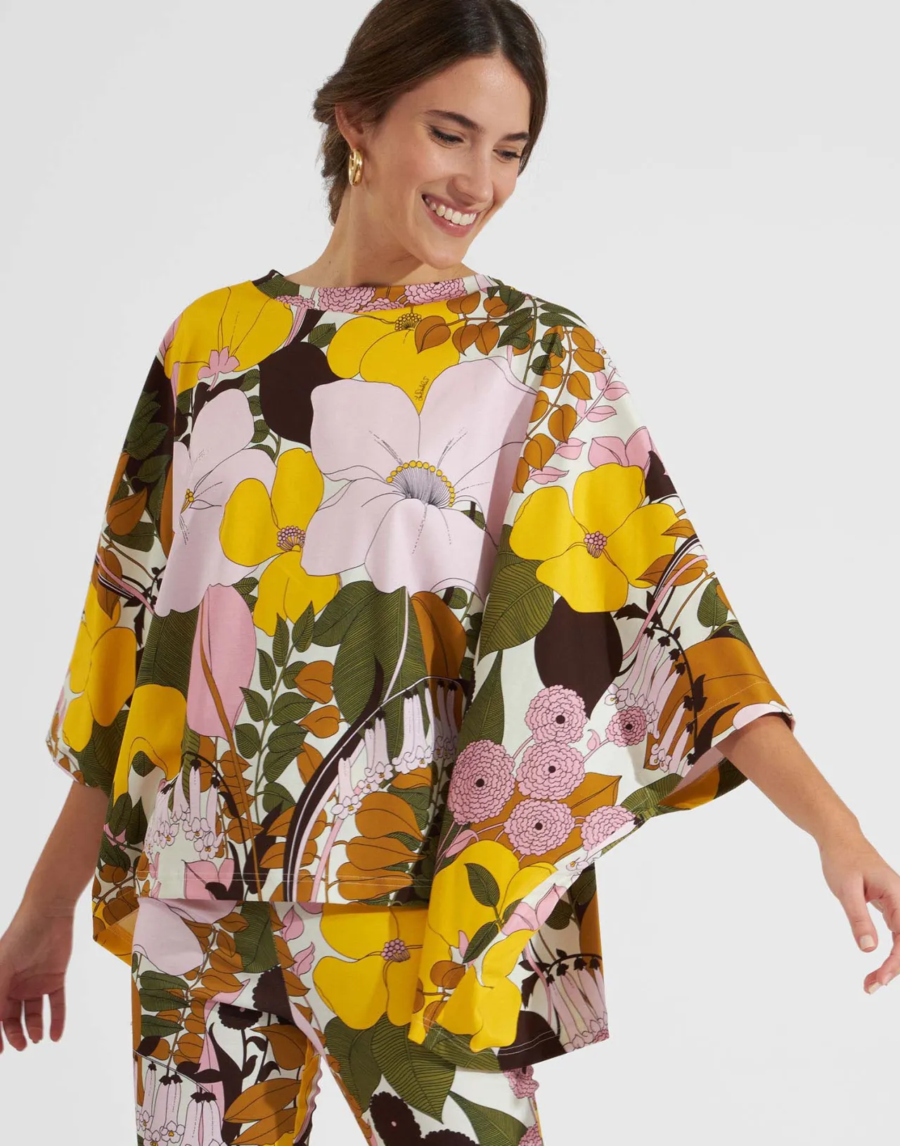 La DoubleJ - Poncho Meditativo con Motivo Floreale Rosa in Puro Cotone
