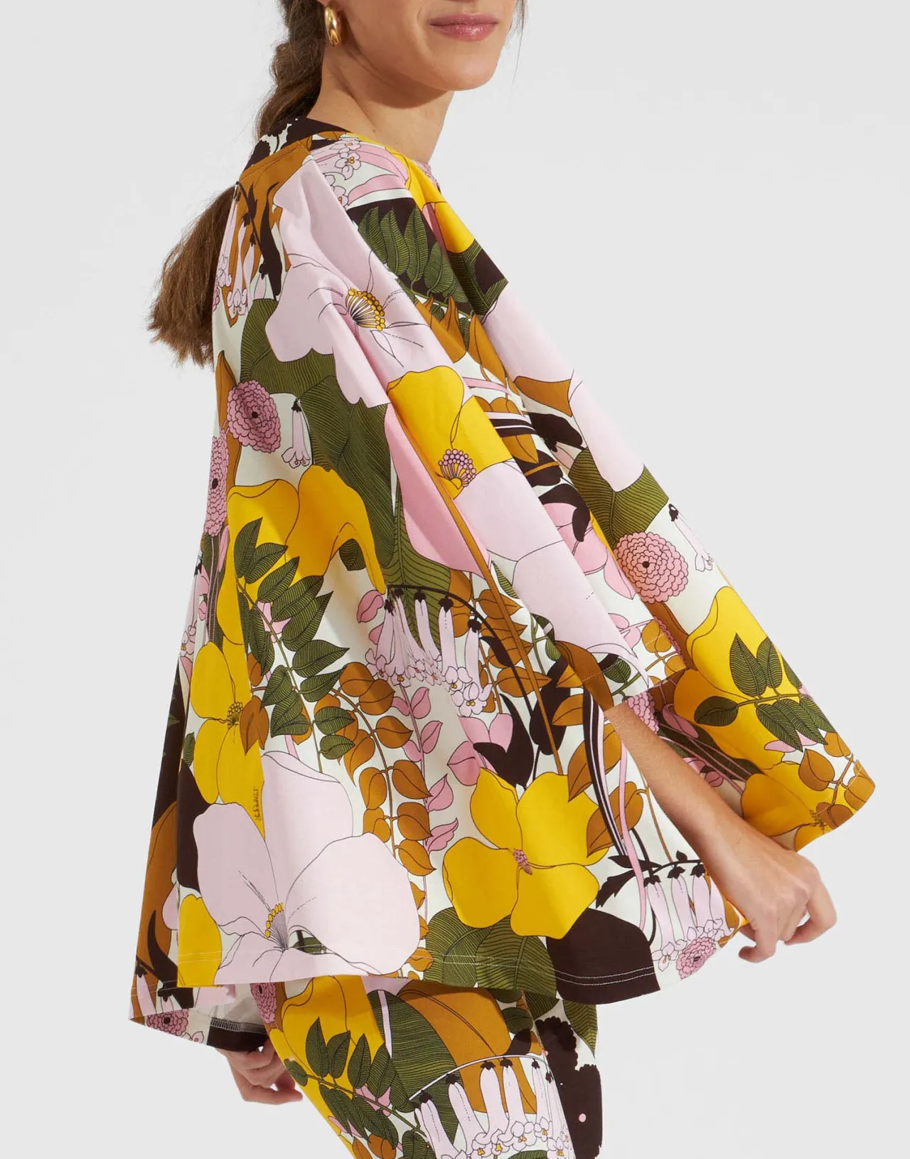 La DoubleJ - Poncho Meditativo con Motivo Floreale Rosa in Puro Cotone