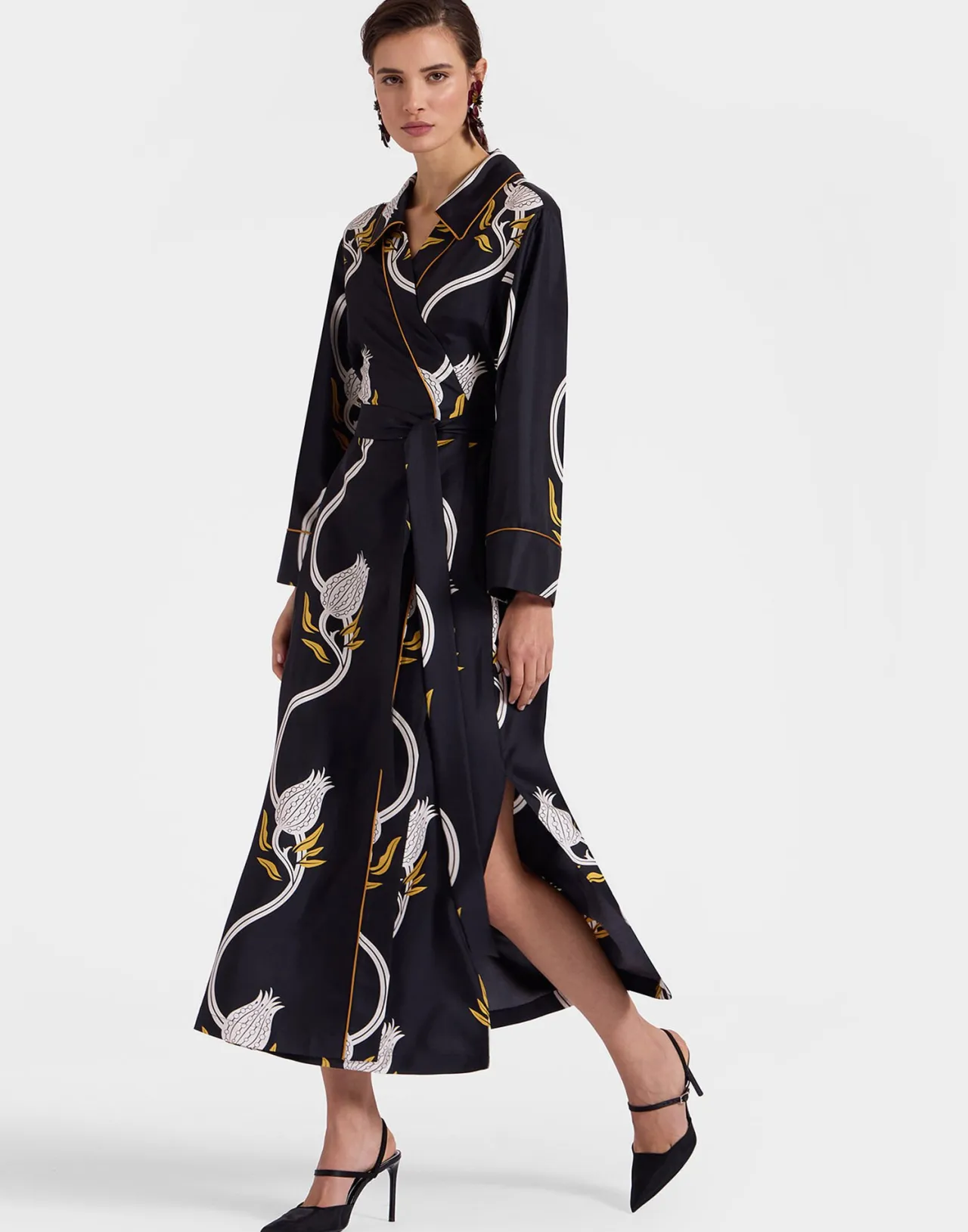 LA DOUBLEJ Abito da Sera Elegante in Seta Twill - Stampa Melograno Bianco e Nero Edizione Limitata
